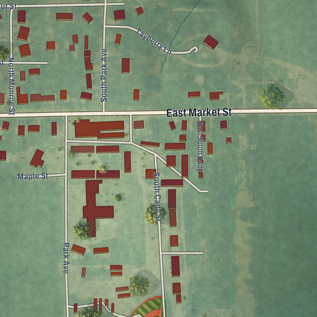 Second close-up of the map of New Sharon, Iowa print showing more streets and buildings