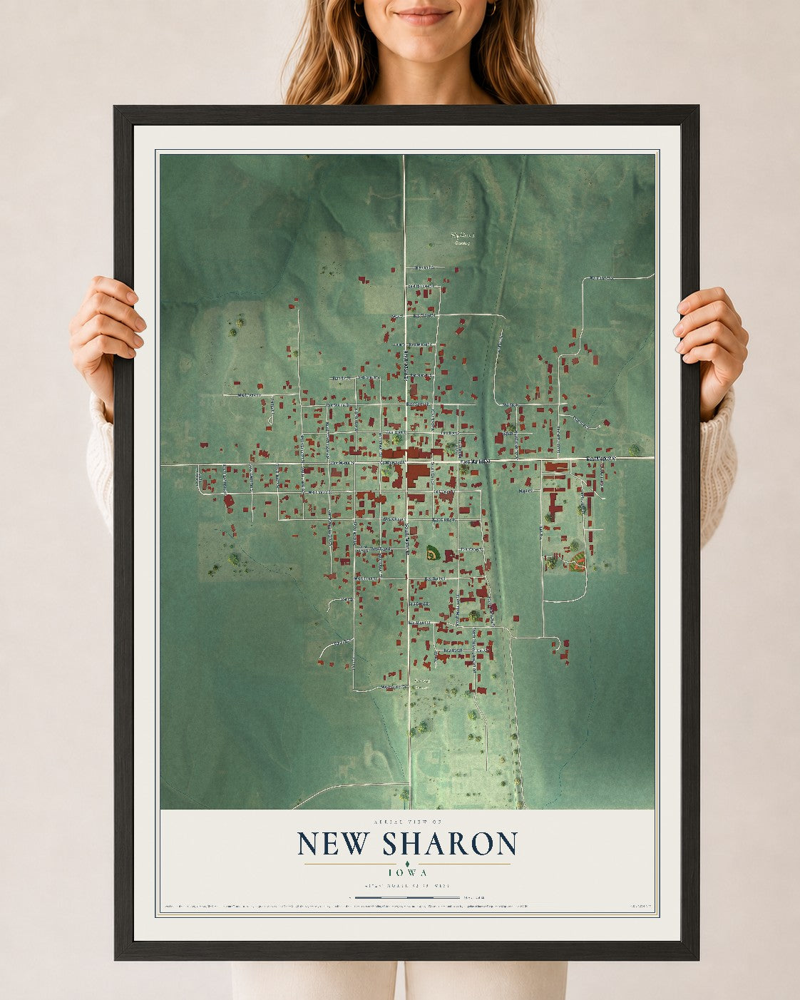 Map of New Sharon, Iowa, 24 x 36 inch print in a black wood frame