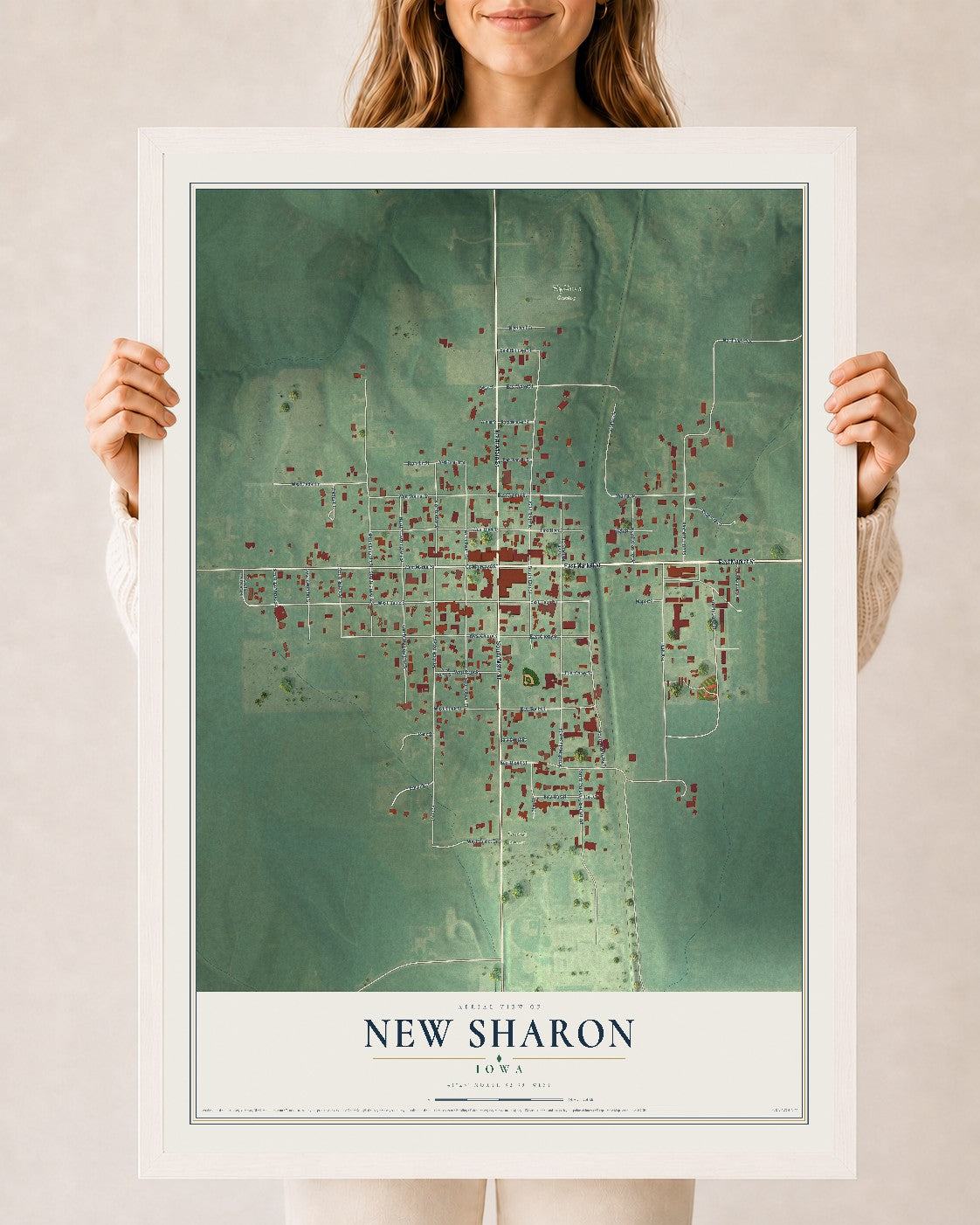 Map of New Sharon, Iowa, 24 x 36 inch print in a white wood frame