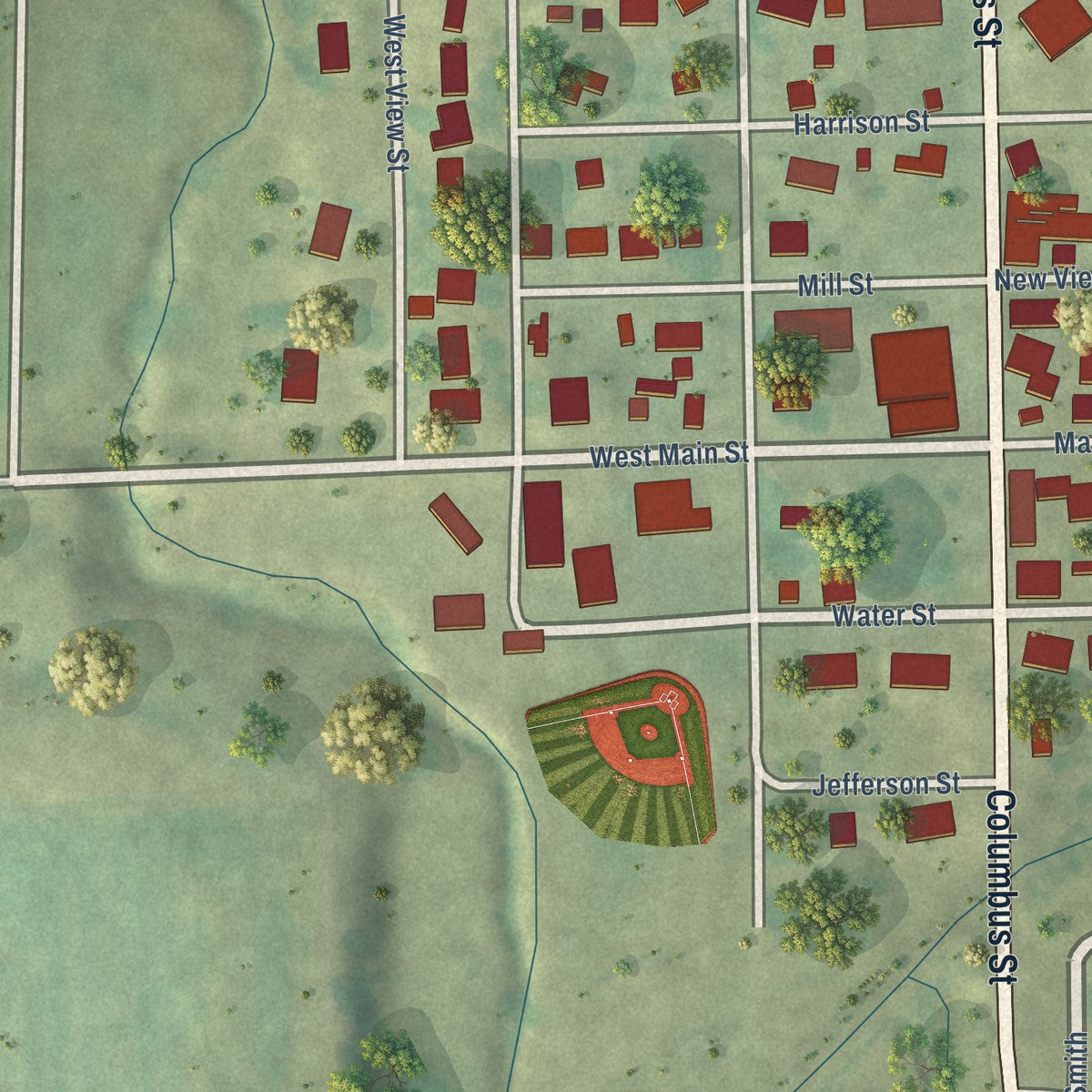 Close-up of the map of New Vienna, Iowa print showing street and building detail
