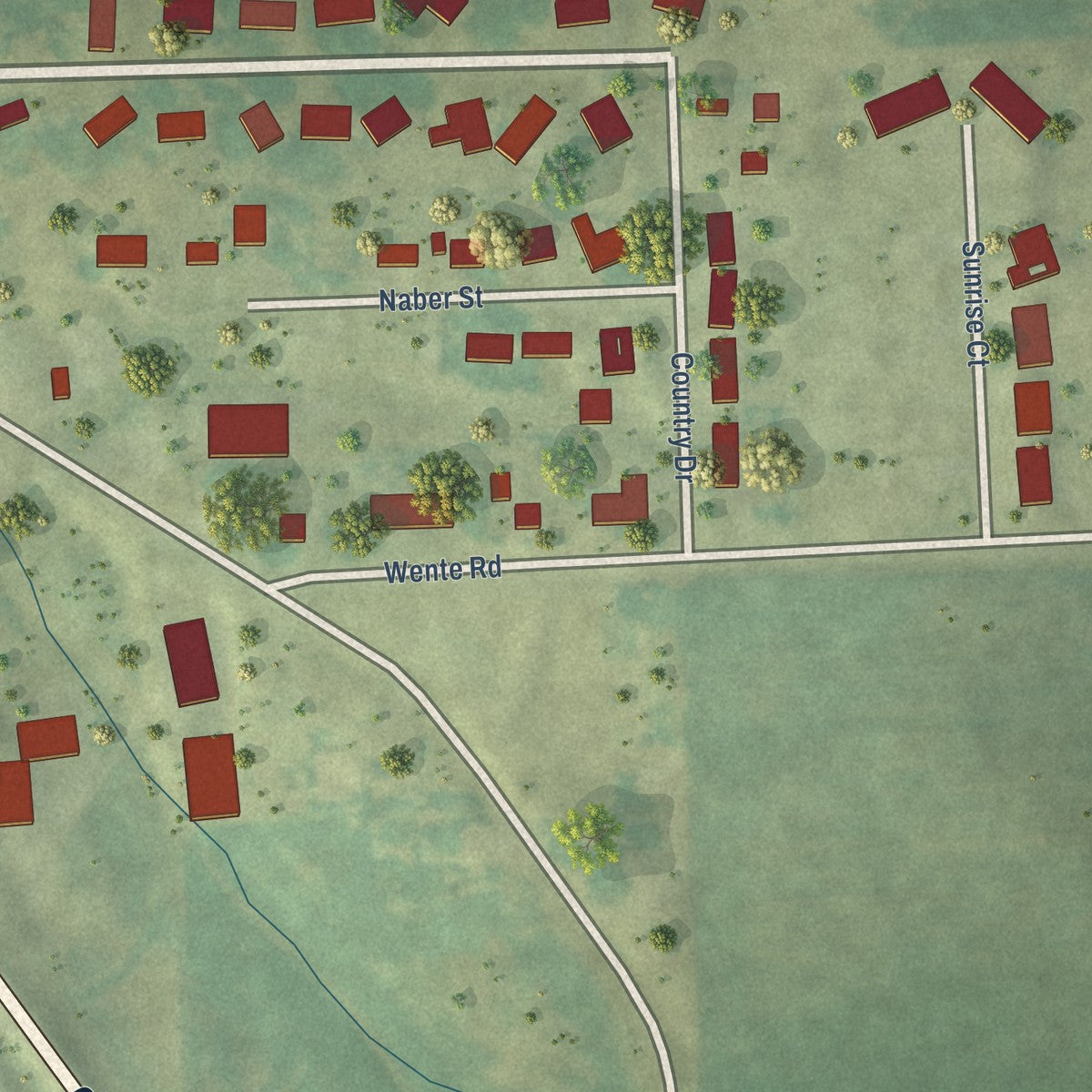 Second close-up of the map of New Vienna, Iowa print showing more streets and buildings
