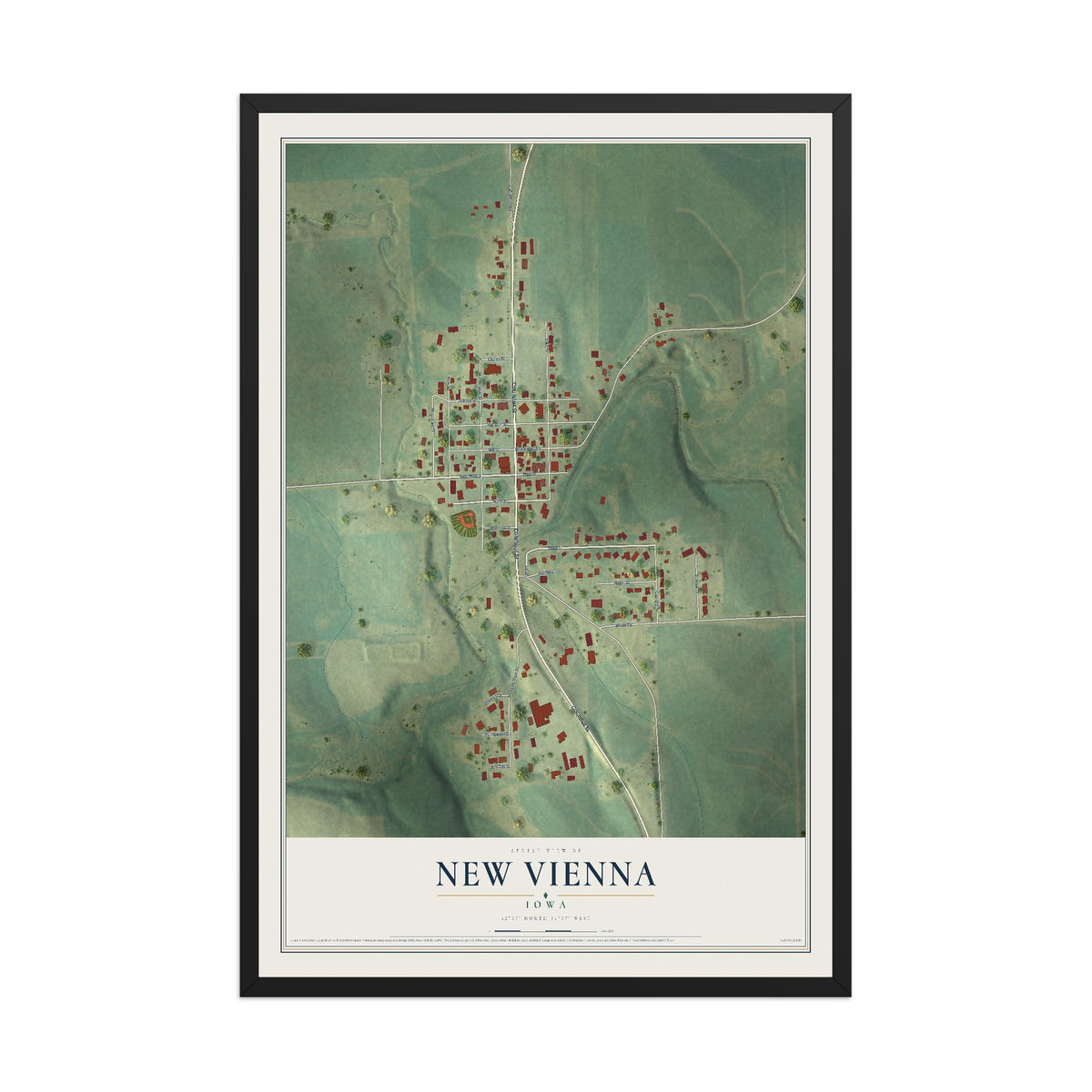 Map of New Vienna, Iowa, 12 x 18 inch print in a black wood frame