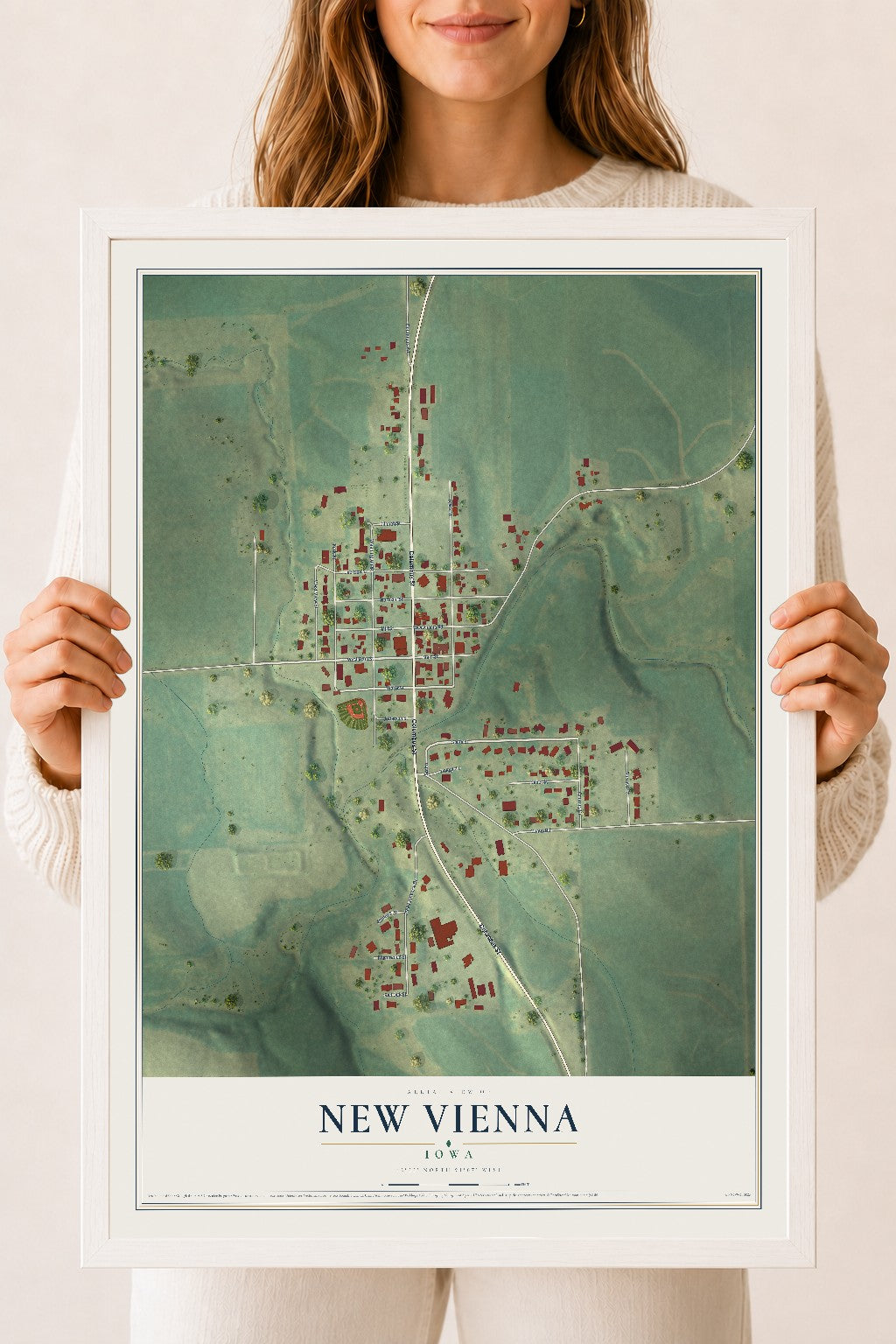 Map of New Vienna, Iowa, 18 x 24 inch print in a white wood frame