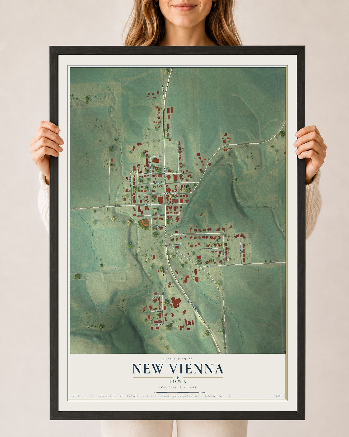 Map of New Vienna, Iowa, 24 x 36 inch print in a black wood frame
