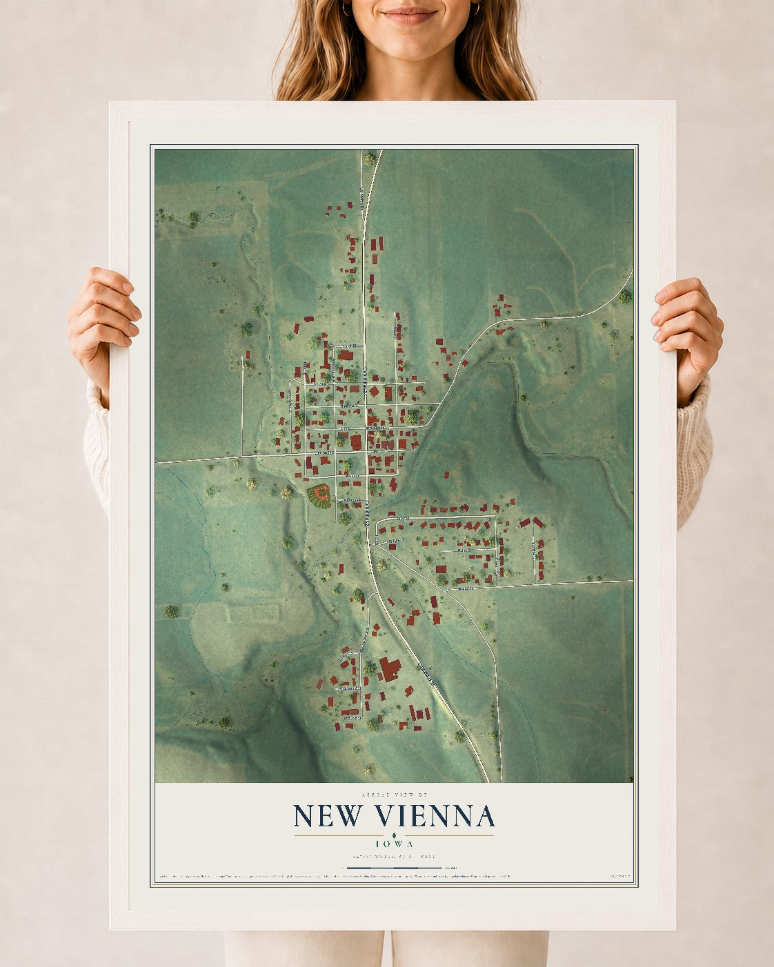Map of New Vienna, Iowa, 24 x 36 inch print in a white wood frame