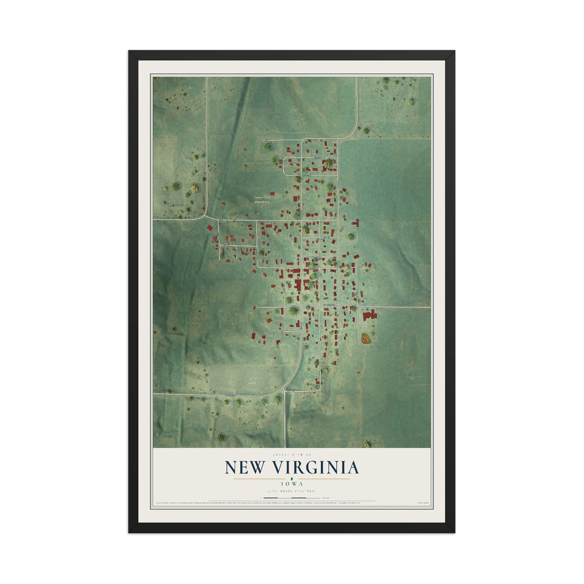 Map of New Virginia, Iowa, 12 x 18 inch print in a black wood frame
