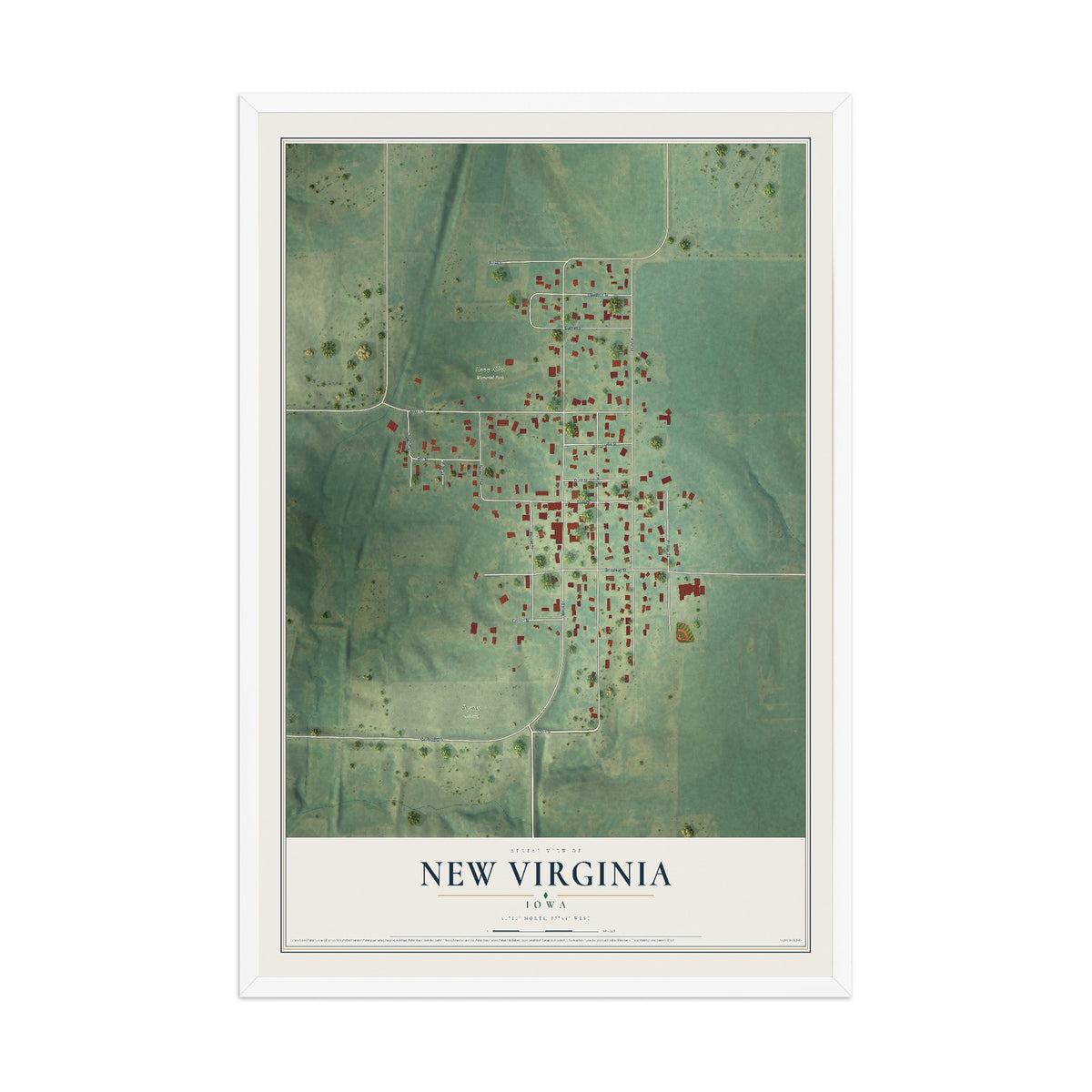 Map of New Virginia, Iowa, 12 x 18 inch print in a white wood frame