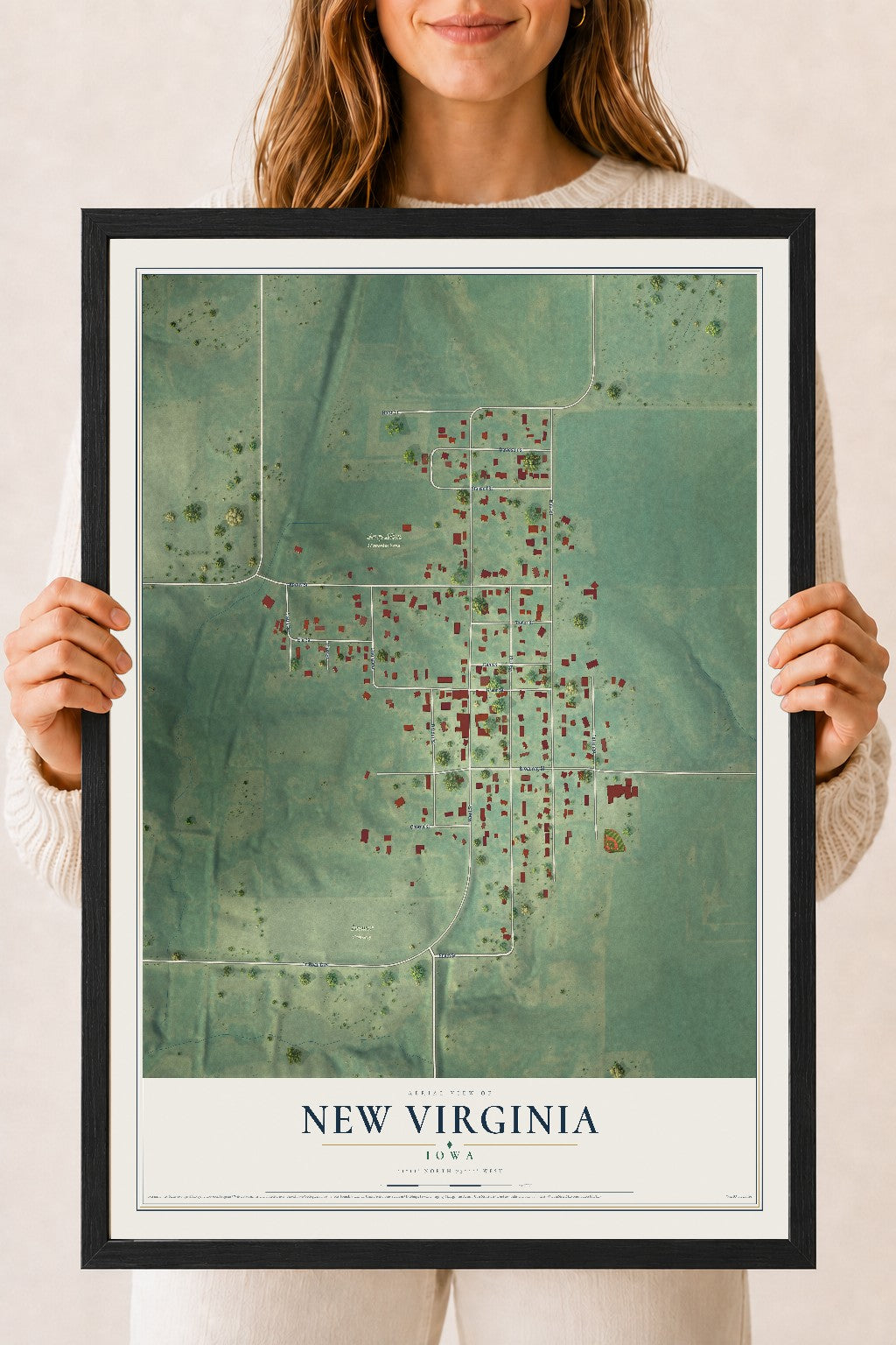 Map of New Virginia, Iowa, 18 x 24 inch print in a black wood frame