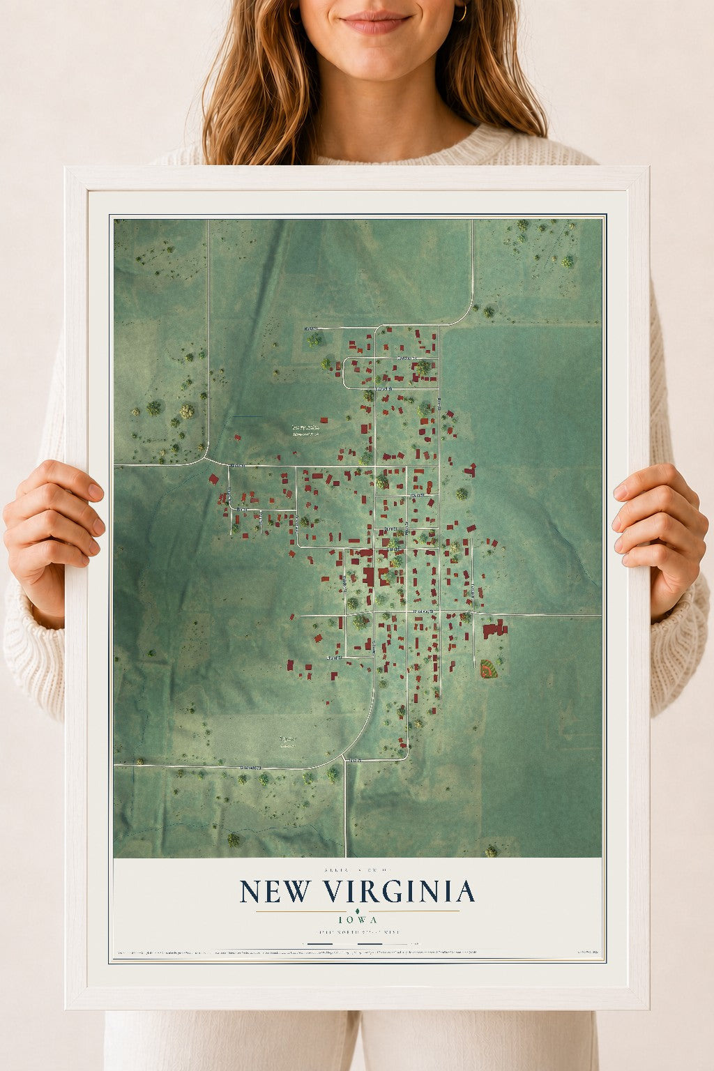 Map of New Virginia, Iowa, 18 x 24 inch print in a white wood frame