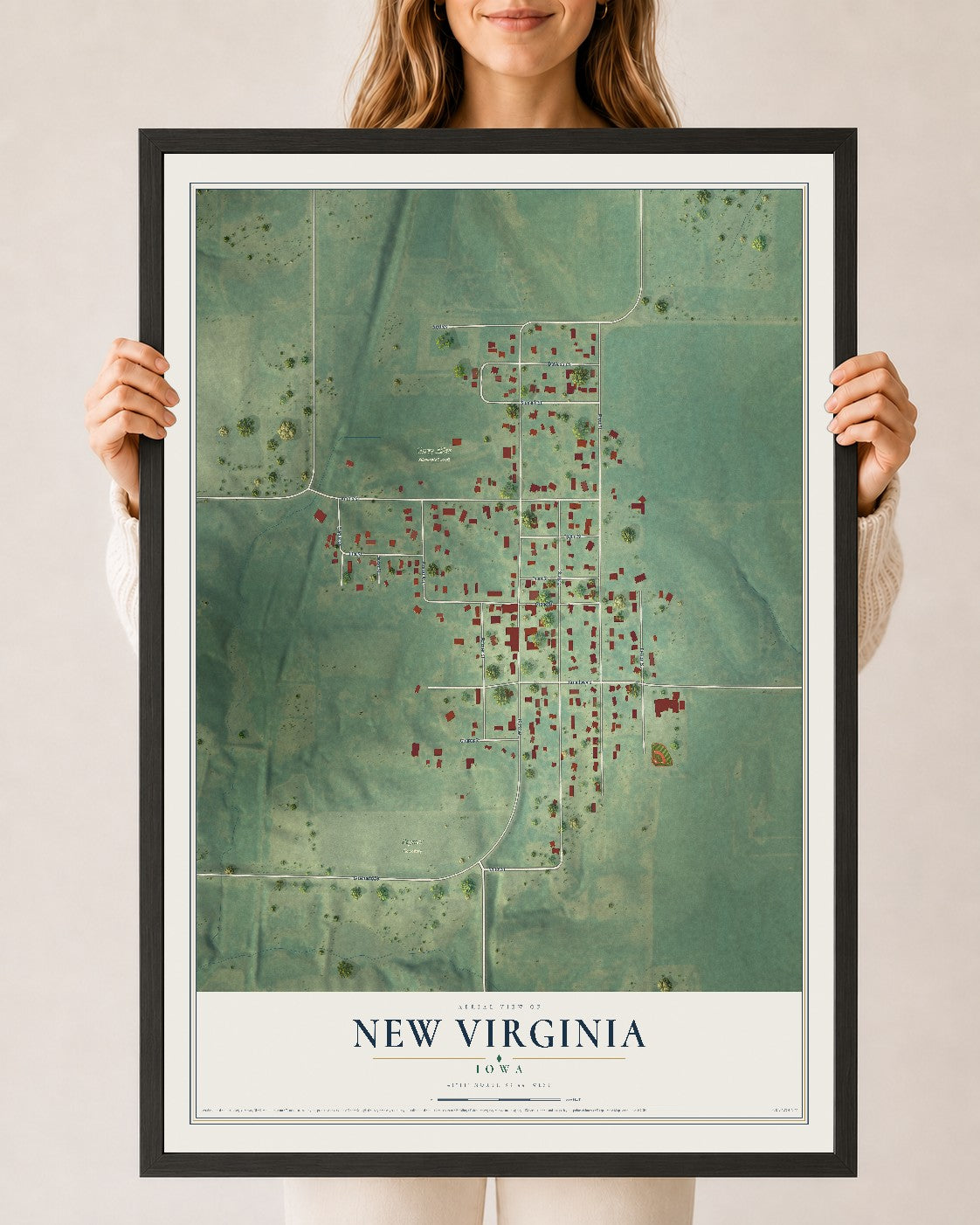 Map of New Virginia, Iowa, 24 x 36 inch print in a black wood frame