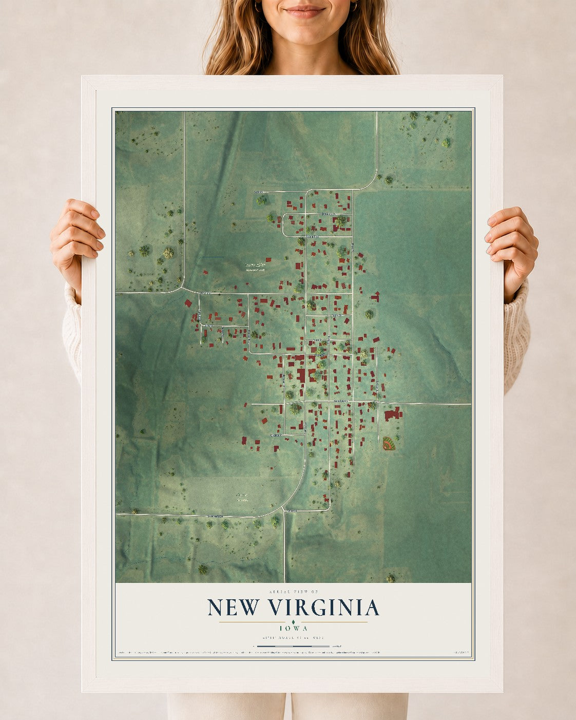 Map of New Virginia, Iowa, 24 x 36 inch print in a white wood frame