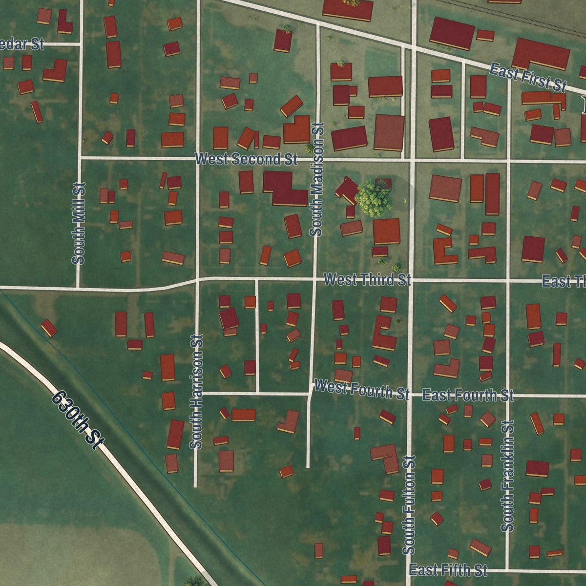 Close-up of the map of Newell, Iowa print showing street and building detail