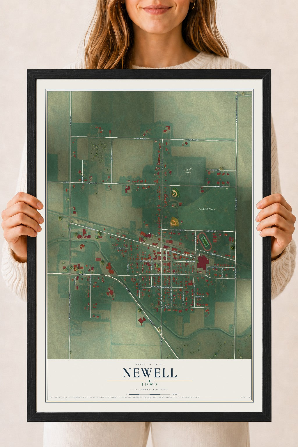 Map of Newell, Iowa, 18 x 24 inch print in a black wood frame