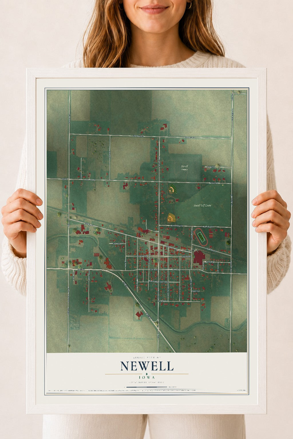 Map of Newell, Iowa, 18 x 24 inch print in a white wood frame