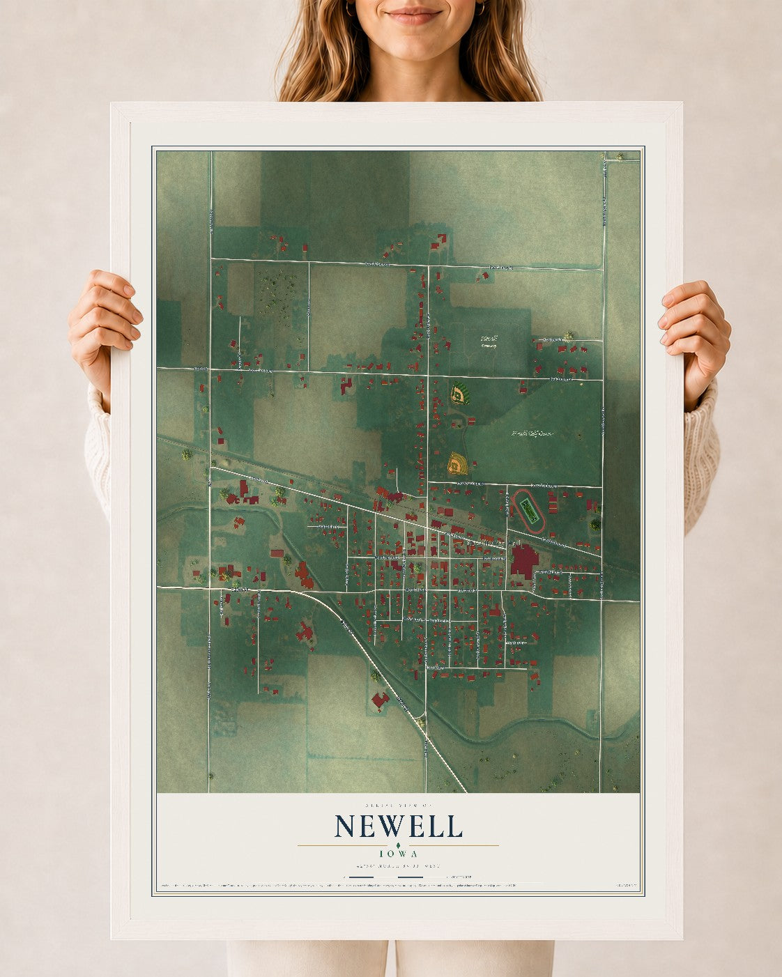Map of Newell, Iowa, 24 x 36 inch print in a white wood frame