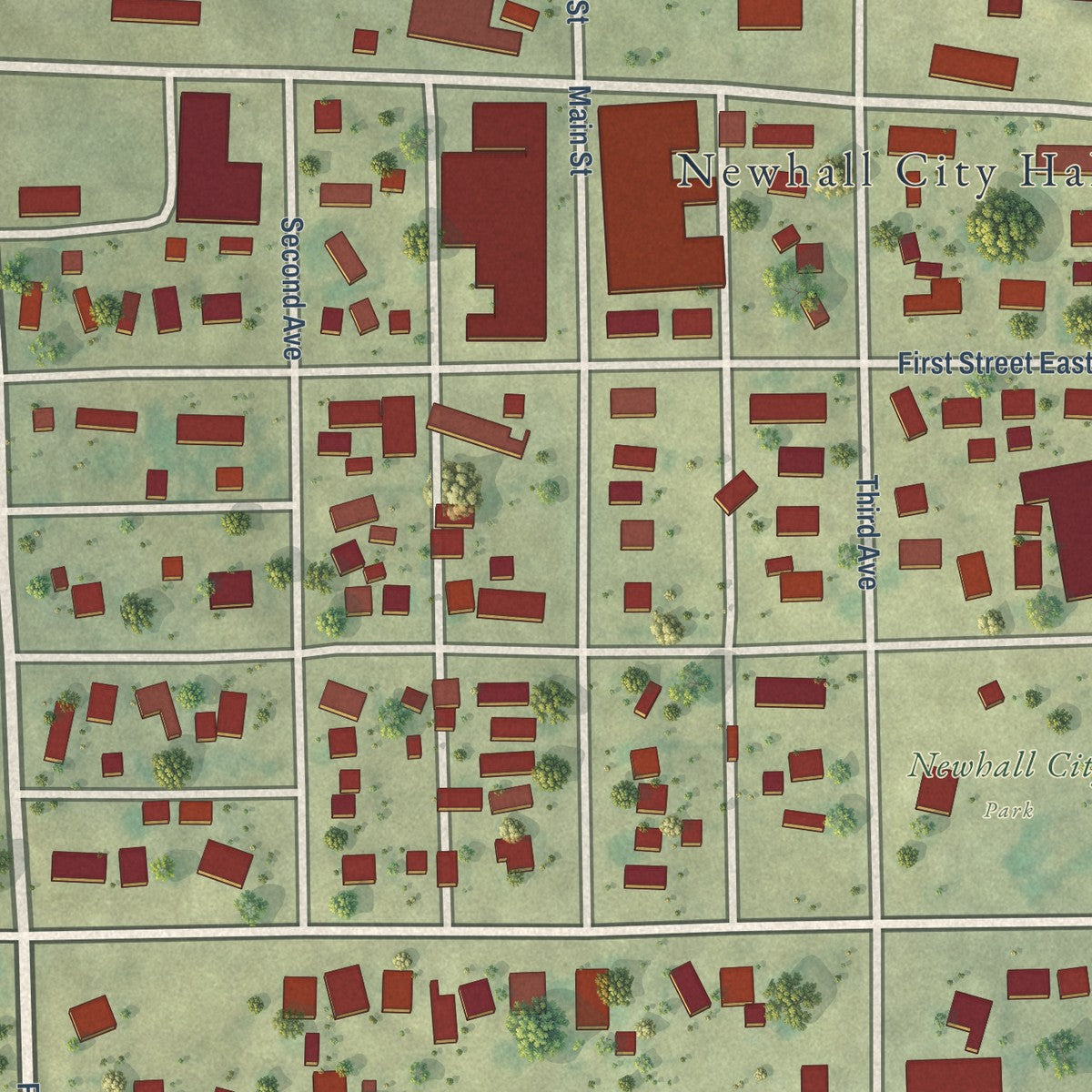 Close-up of the map of Newhall, Iowa print showing street and building detail