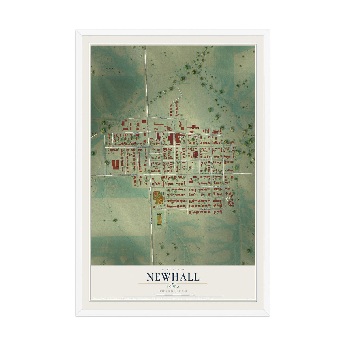 Map of Newhall, Iowa, 12 x 18 inch print in a white wood frame