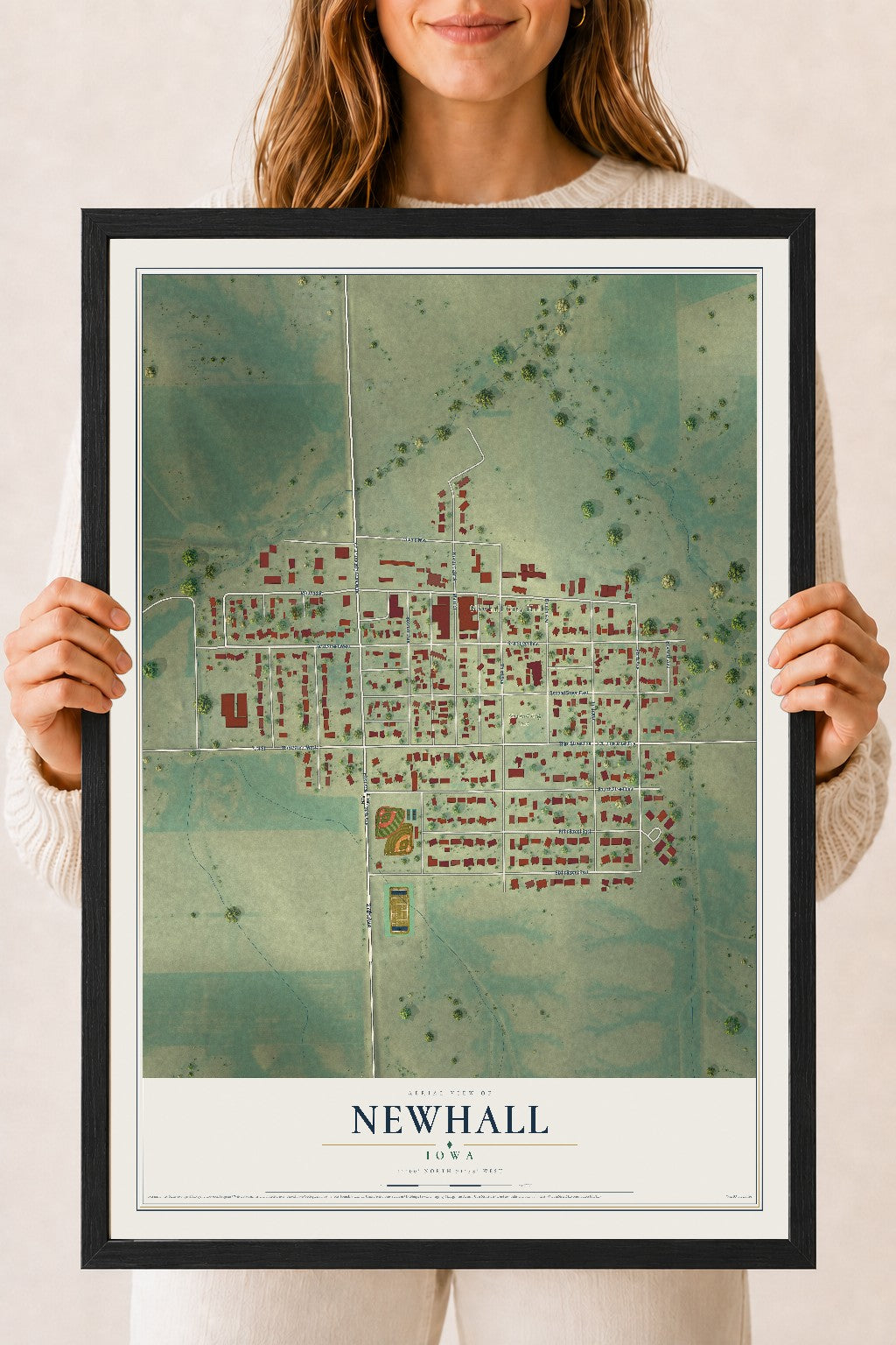 Map of Newhall, Iowa, 18 x 24 inch print in a black wood frame