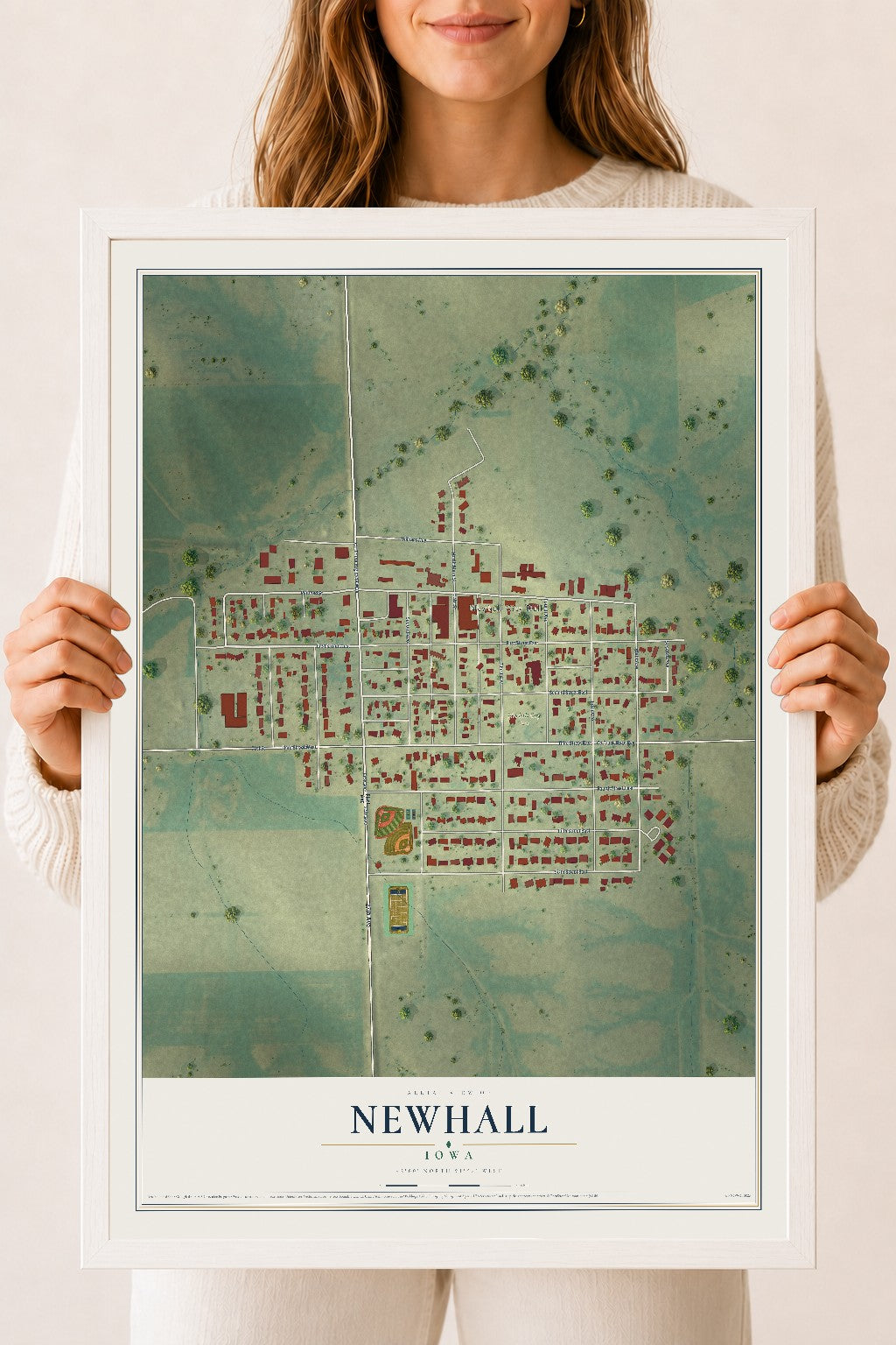 Map of Newhall, Iowa, 18 x 24 inch print in a white wood frame