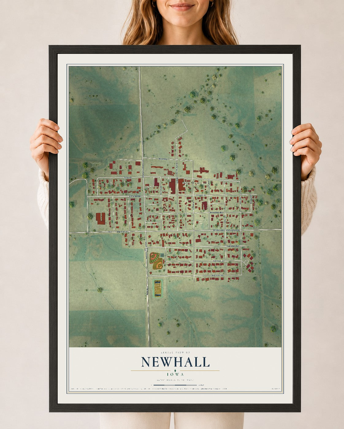 Map of Newhall, Iowa, 24 x 36 inch print in a black wood frame