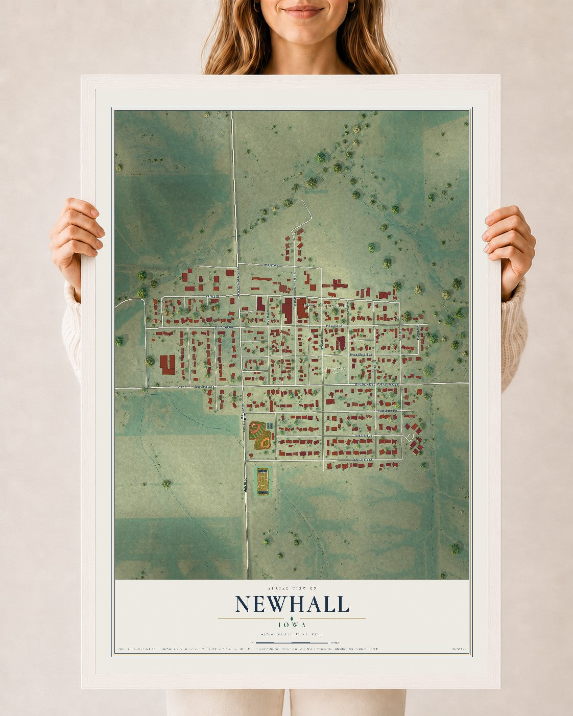 Map of Newhall, Iowa, 24 x 36 inch print in a white wood frame