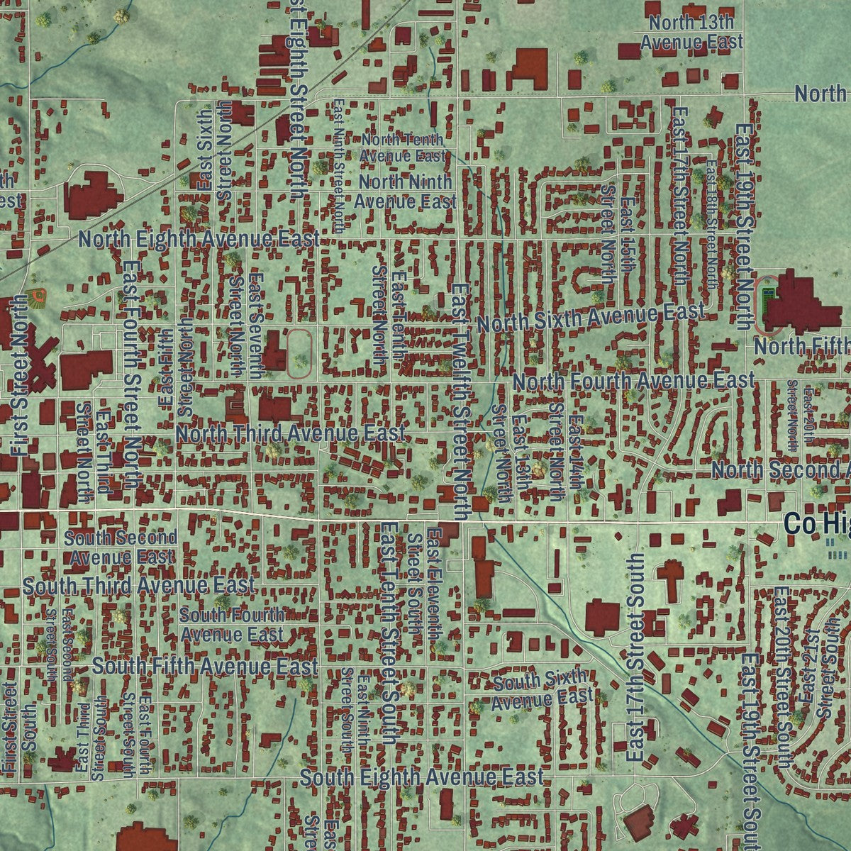 Close-up of the map of Newton, Iowa print showing street and building detail