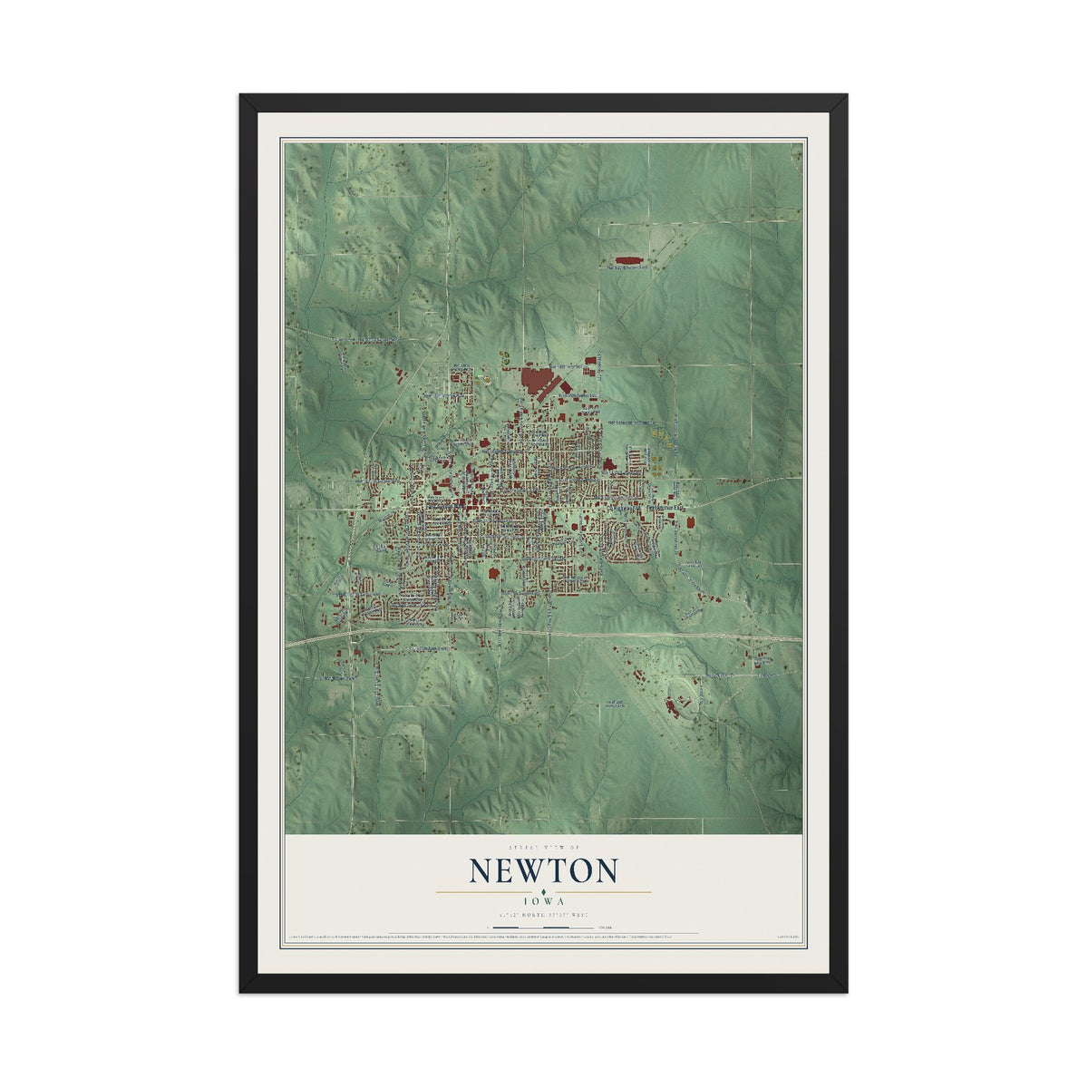 Map of Newton, Iowa, 12 x 18 inch print in a black wood frame