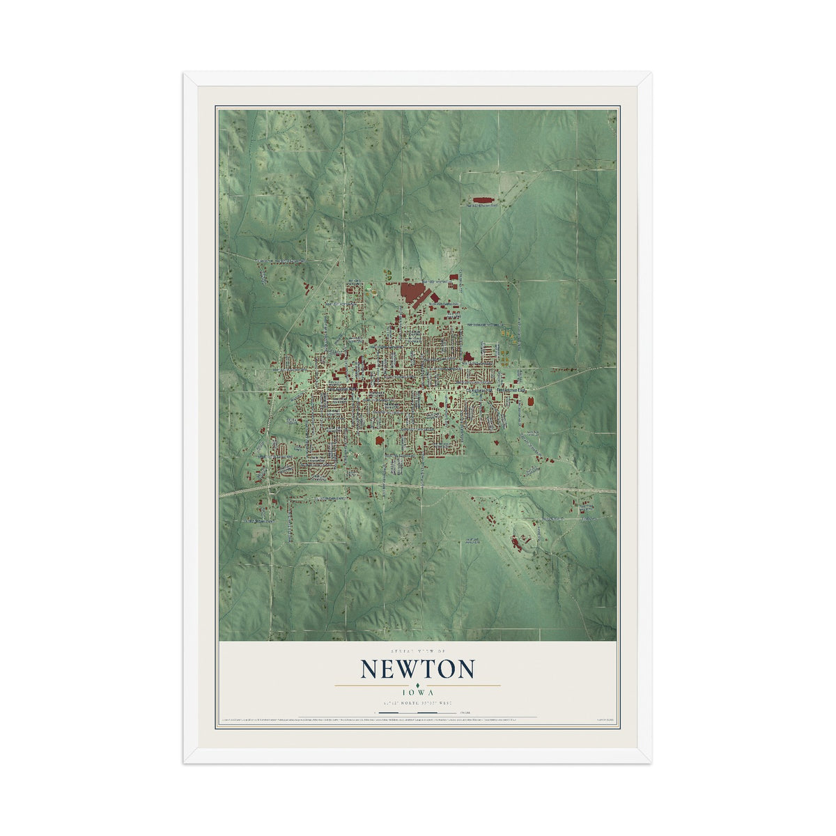 Map of Newton, Iowa, 12 x 18 inch print in a white wood frame