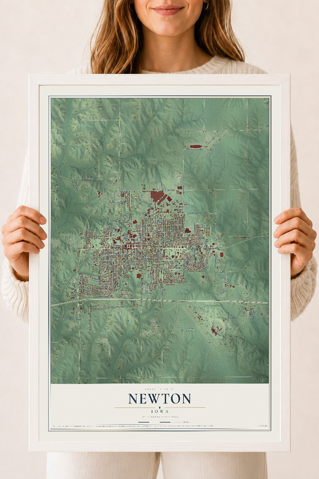 Map of Newton, Iowa, 18 x 24 inch print in a white wood frame
