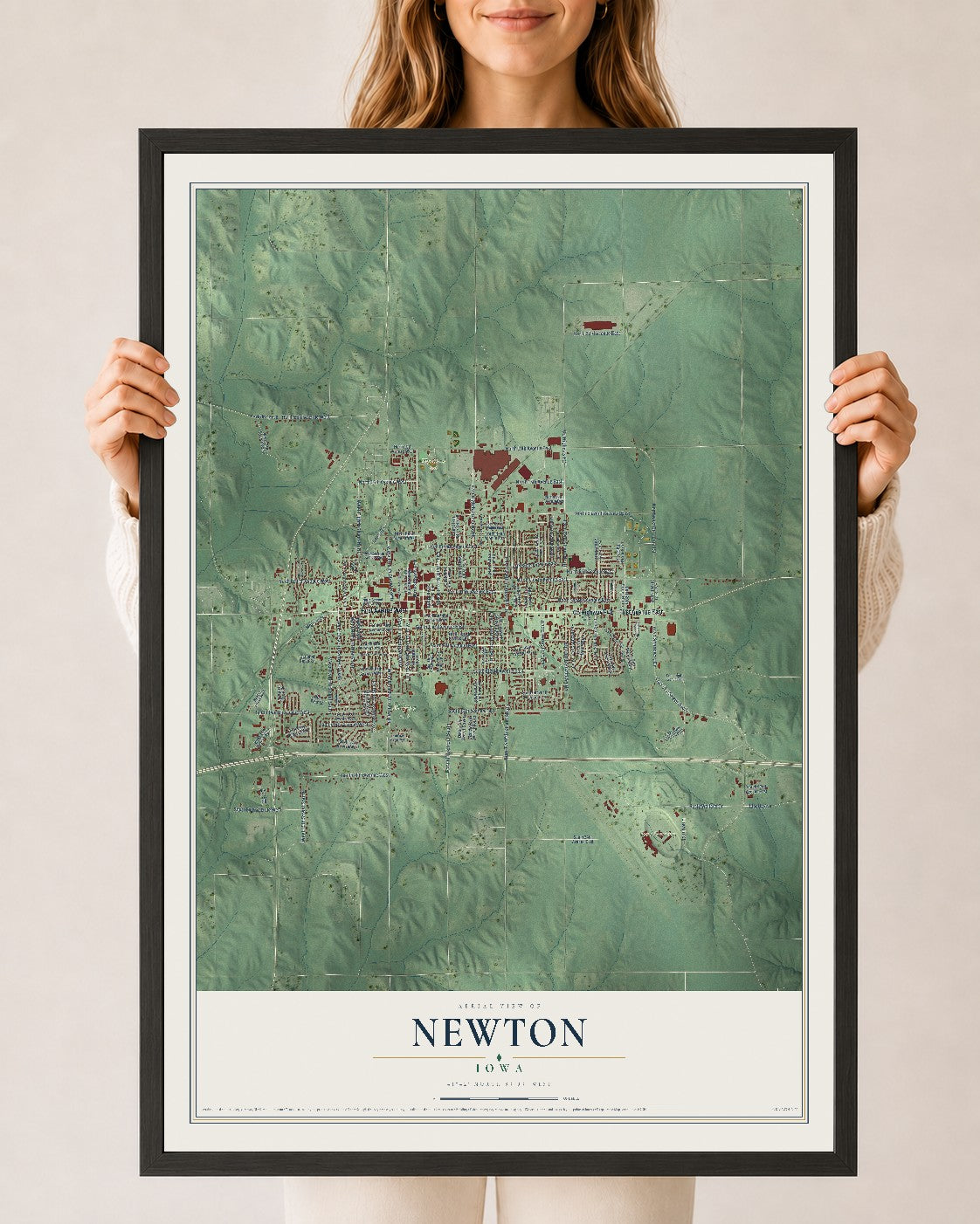 Map of Newton, Iowa, 24 x 36 inch print in a black wood frame