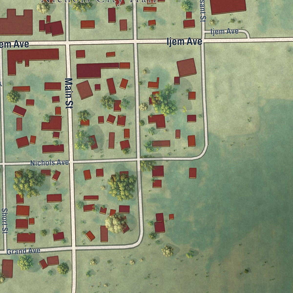 Close-up of the map of Nichols, Iowa print showing street and building detail