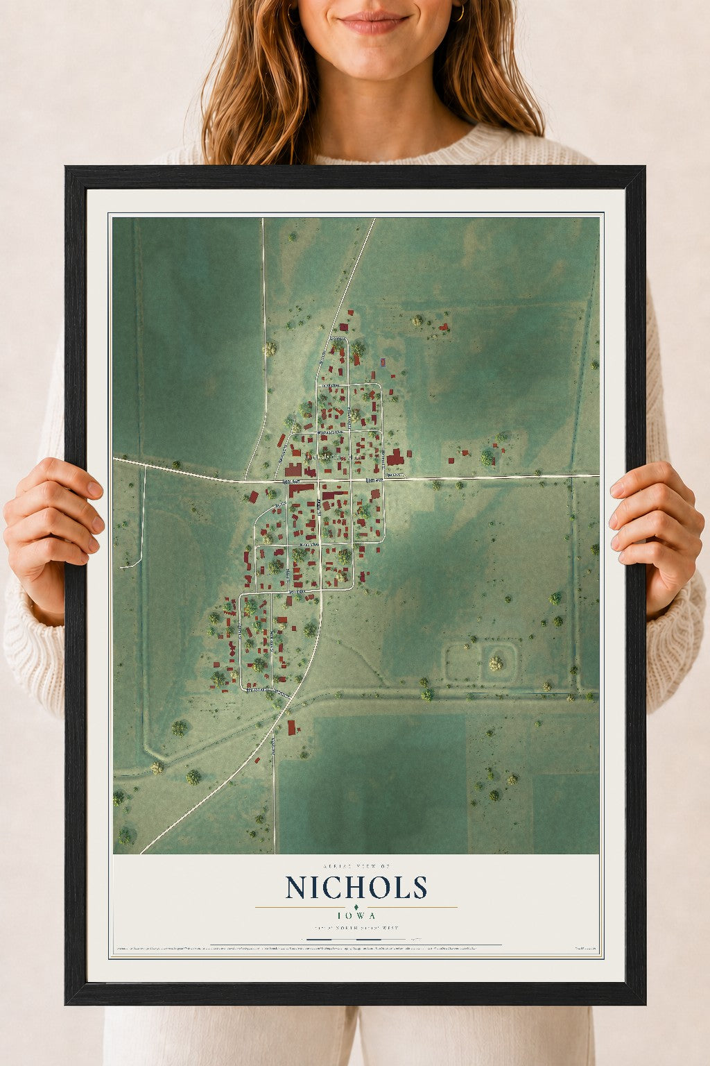 Map of Nichols, Iowa, 18 x 24 inch print in a black wood frame