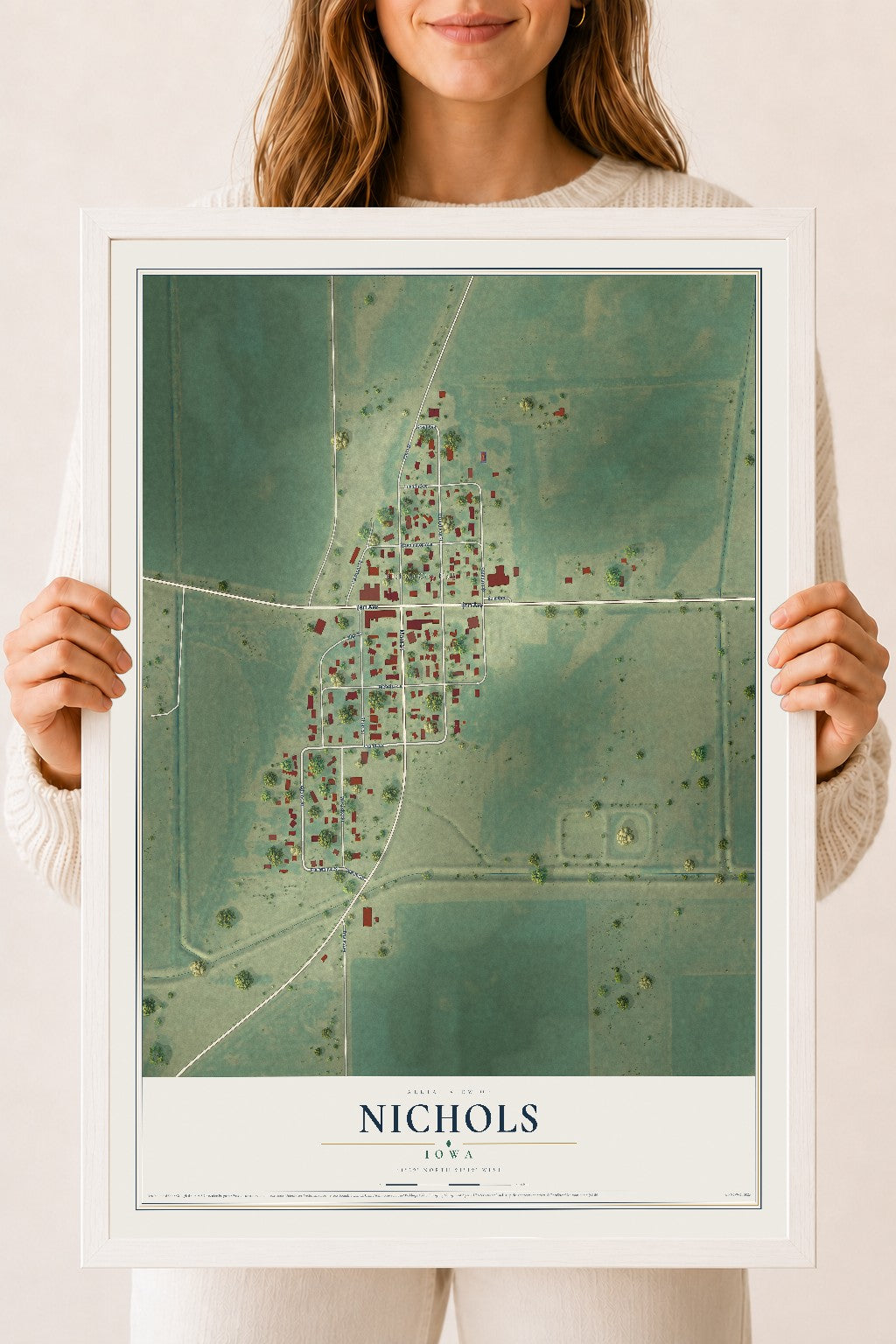 Map of Nichols, Iowa, 18 x 24 inch print in a white wood frame