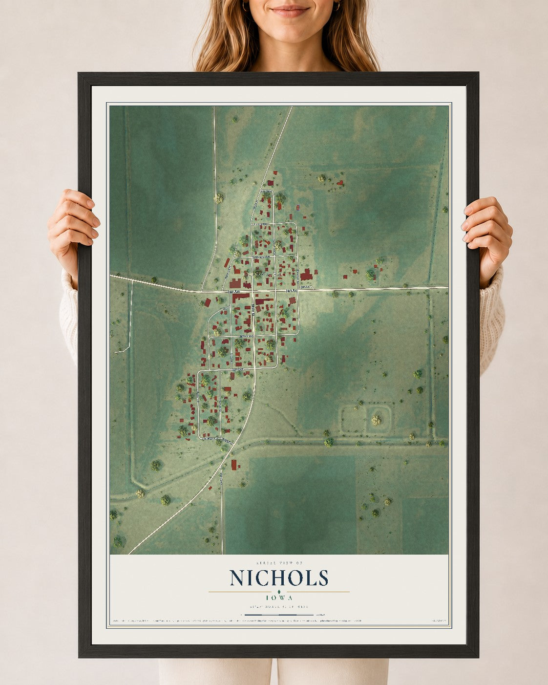 Map of Nichols, Iowa, 24 x 36 inch print in a black wood frame