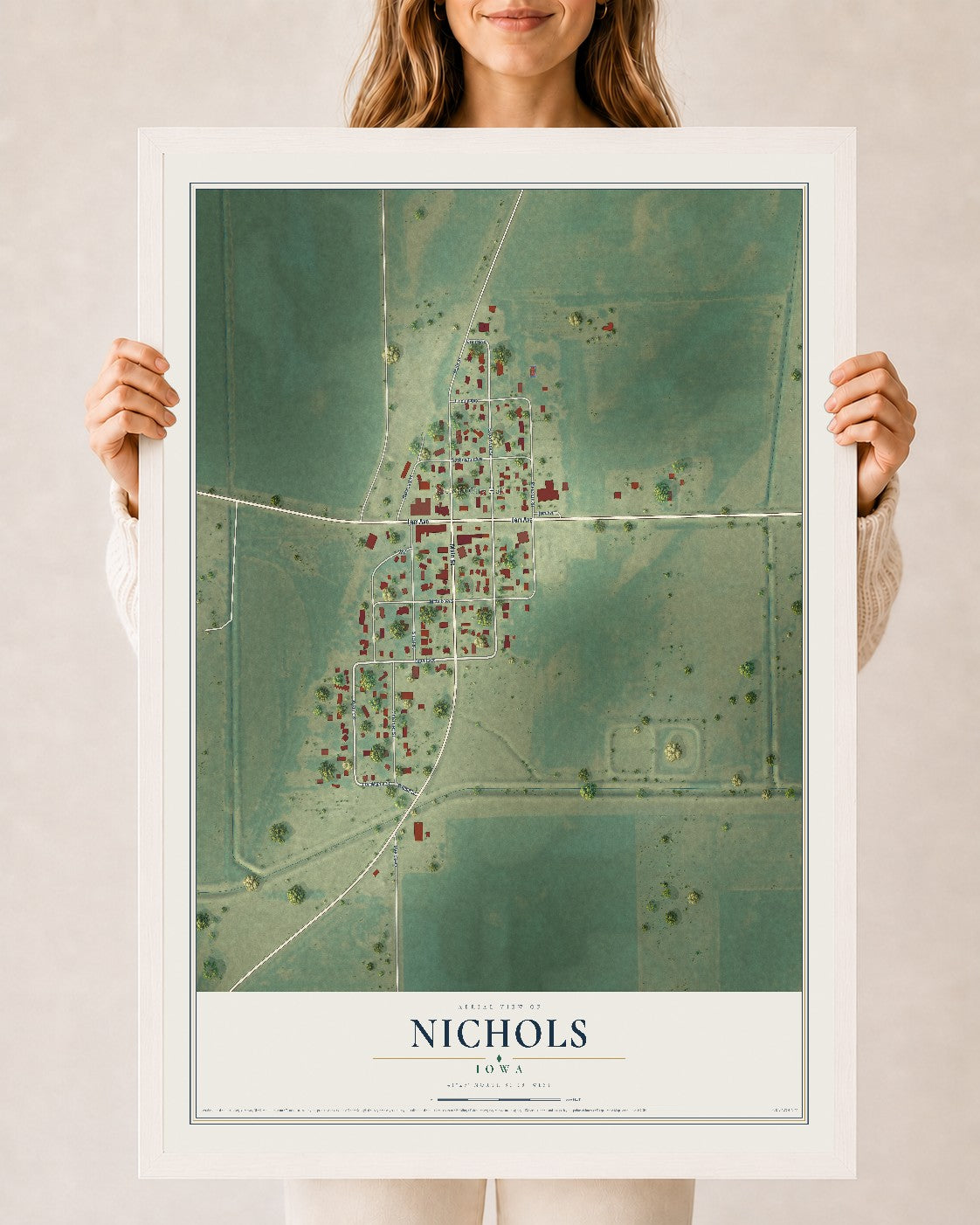Map of Nichols, Iowa, 24 x 36 inch print in a white wood frame