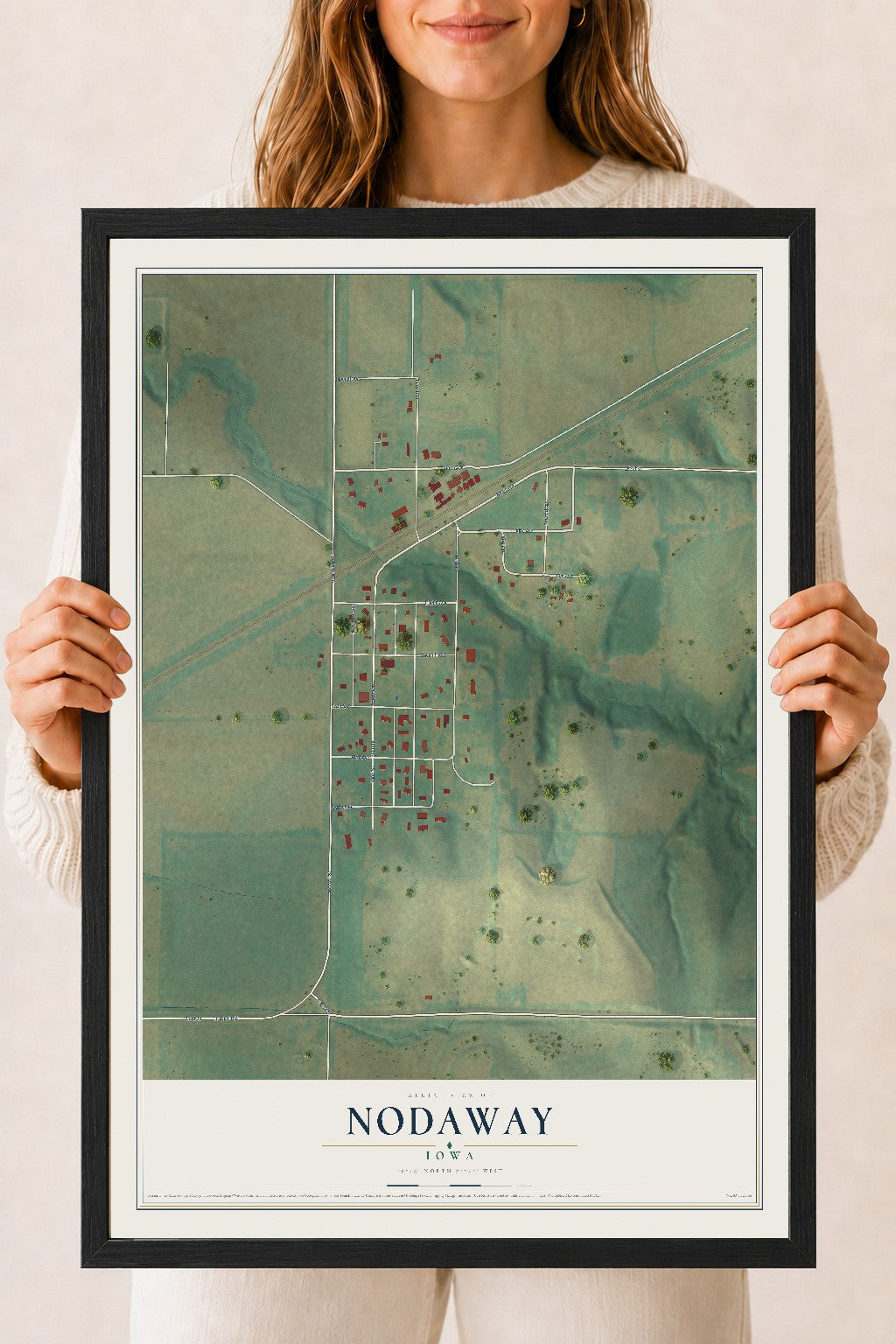 Map of Nodaway, Iowa, 18 x 24 inch print in a black wood frame