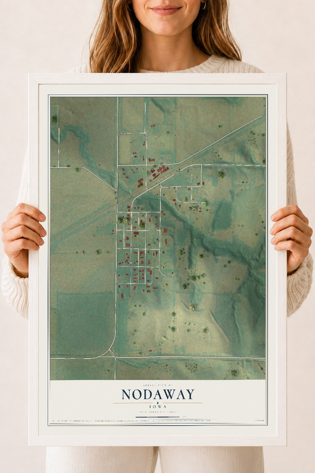 Map of Nodaway, Iowa, 18 x 24 inch print in a white wood frame