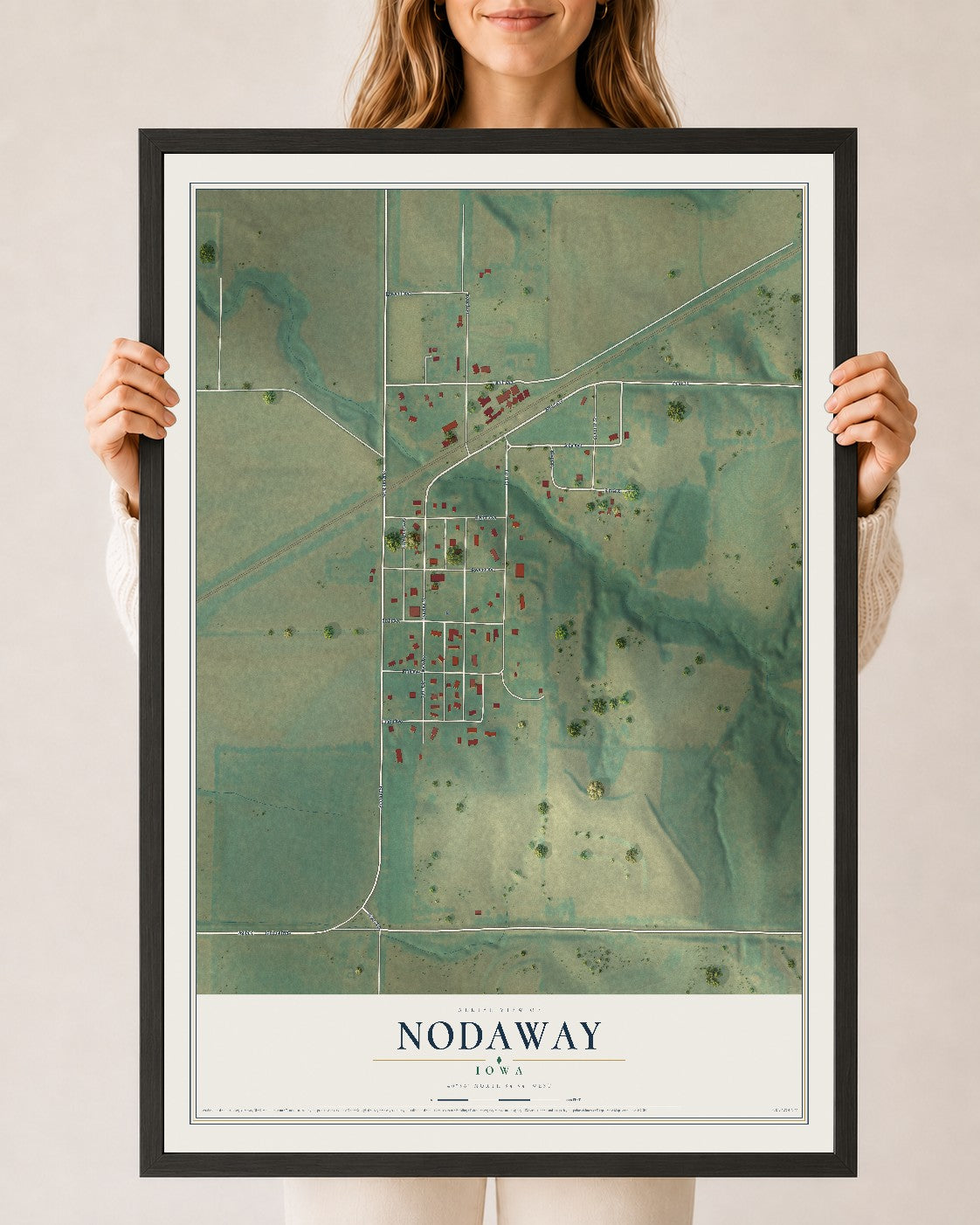 Map of Nodaway, Iowa, 24 x 36 inch print in a black wood frame