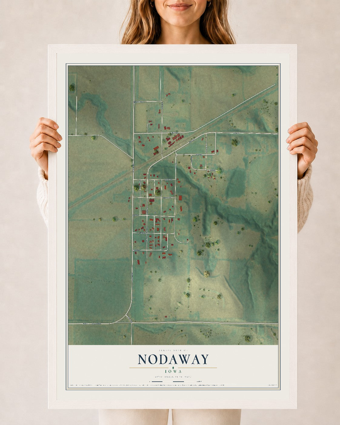 Map of Nodaway, Iowa, 24 x 36 inch print in a white wood frame