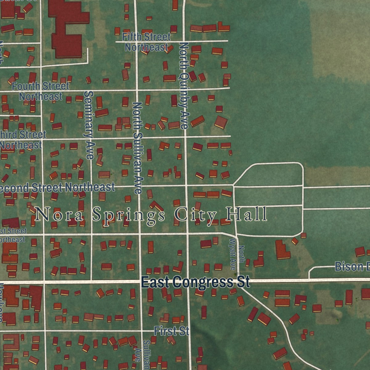 Close-up of the map of Nora Springs, Iowa print showing street and building detail