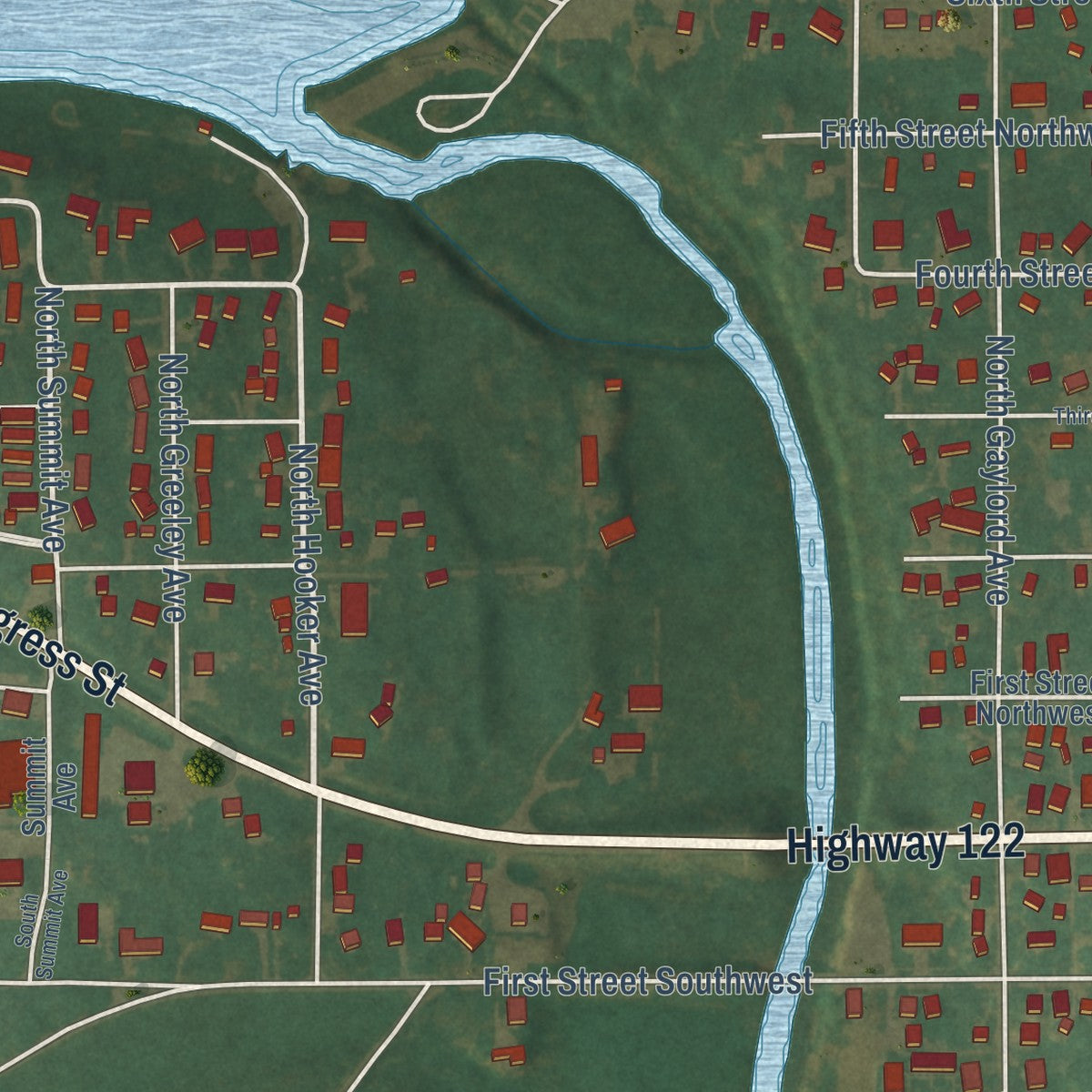 Second close-up of the map of Nora Springs, Iowa print showing more streets and buildings