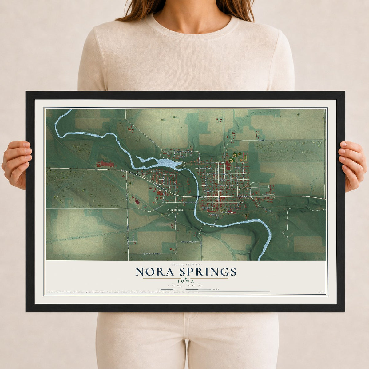 Map of Nora Springs, Iowa, 12 x 18 inch print in a black wood frame