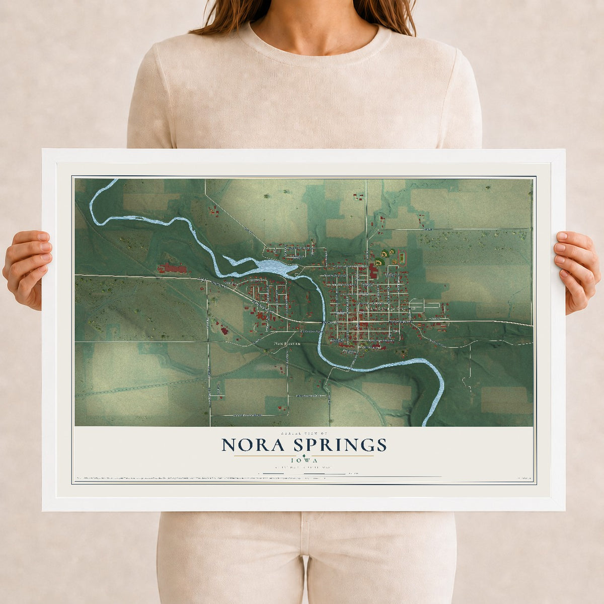 Map of Nora Springs, Iowa, 12 x 18 inch print in a white wood frame