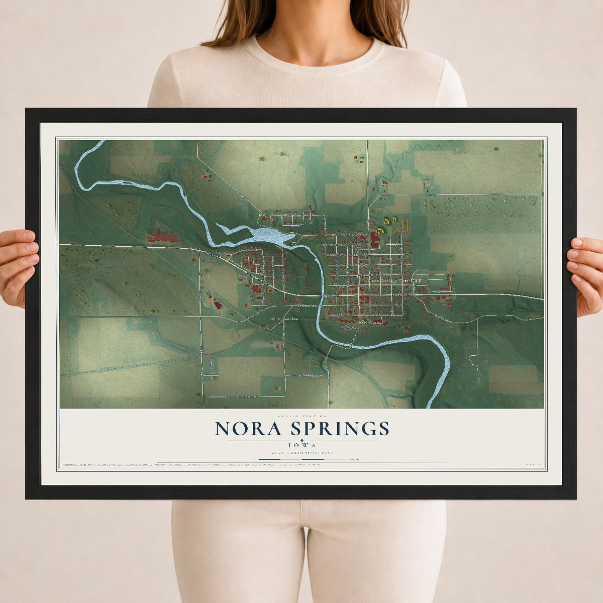 Map of Nora Springs, Iowa, 18 x 24 inch print in a black wood frame