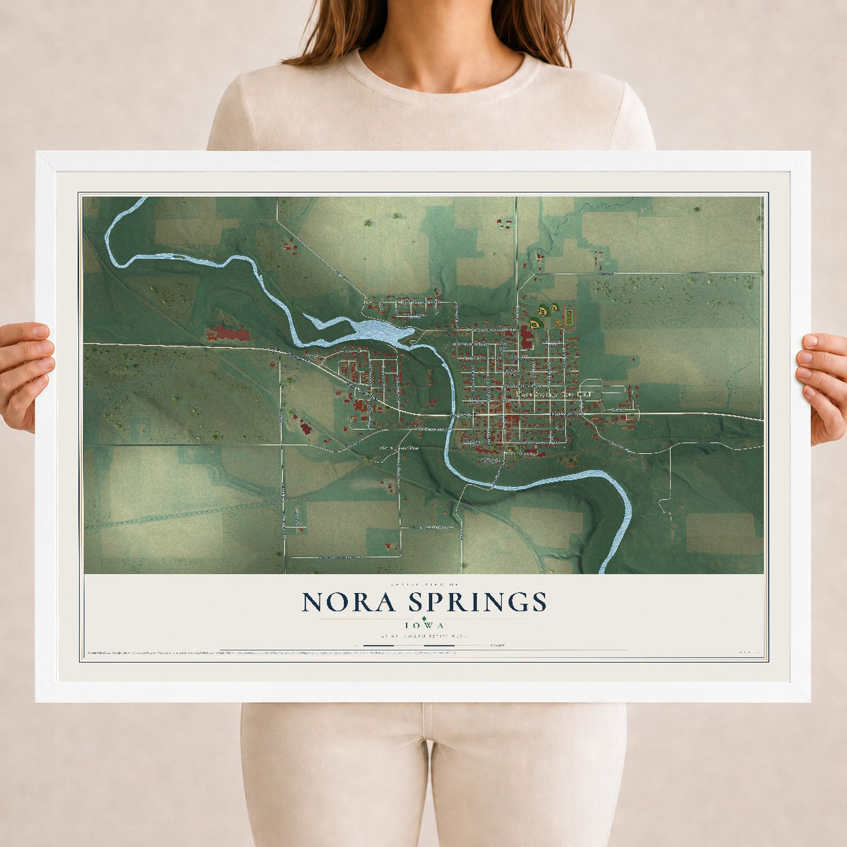 Map of Nora Springs, Iowa, 18 x 24 inch print in a white wood frame