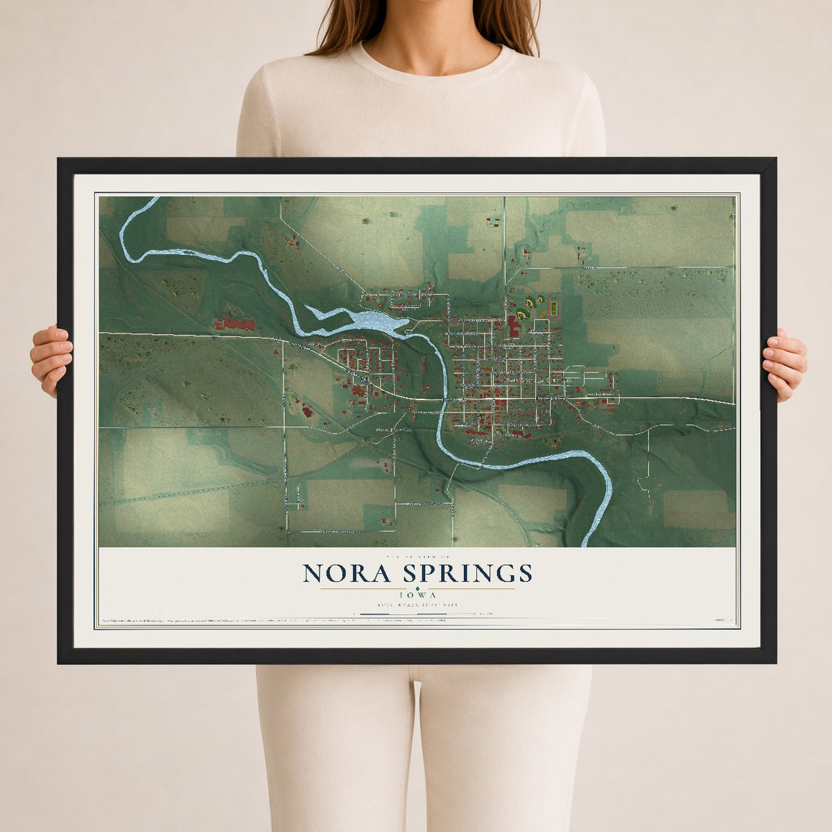 Map of Nora Springs, Iowa, 24 x 36 inch print in a black wood frame