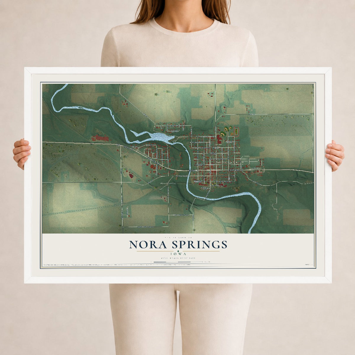 Map of Nora Springs, Iowa, 24 x 36 inch print in a white wood frame