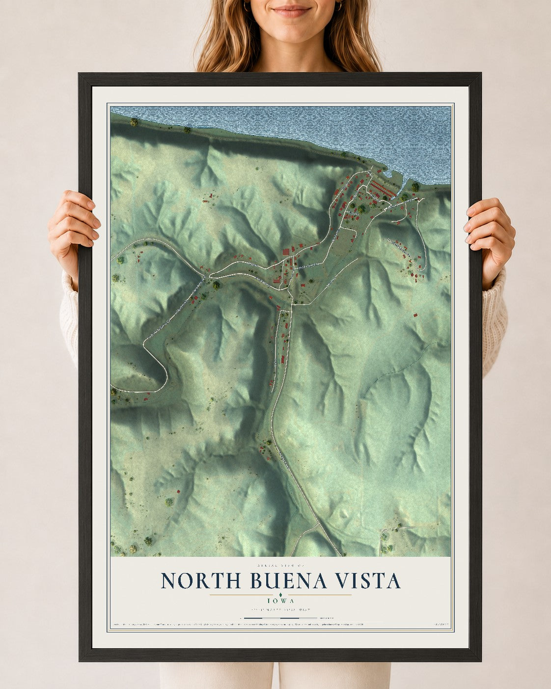 Map of North Buena Vista, Iowa, 24 x 36 inch print in a black wood frame