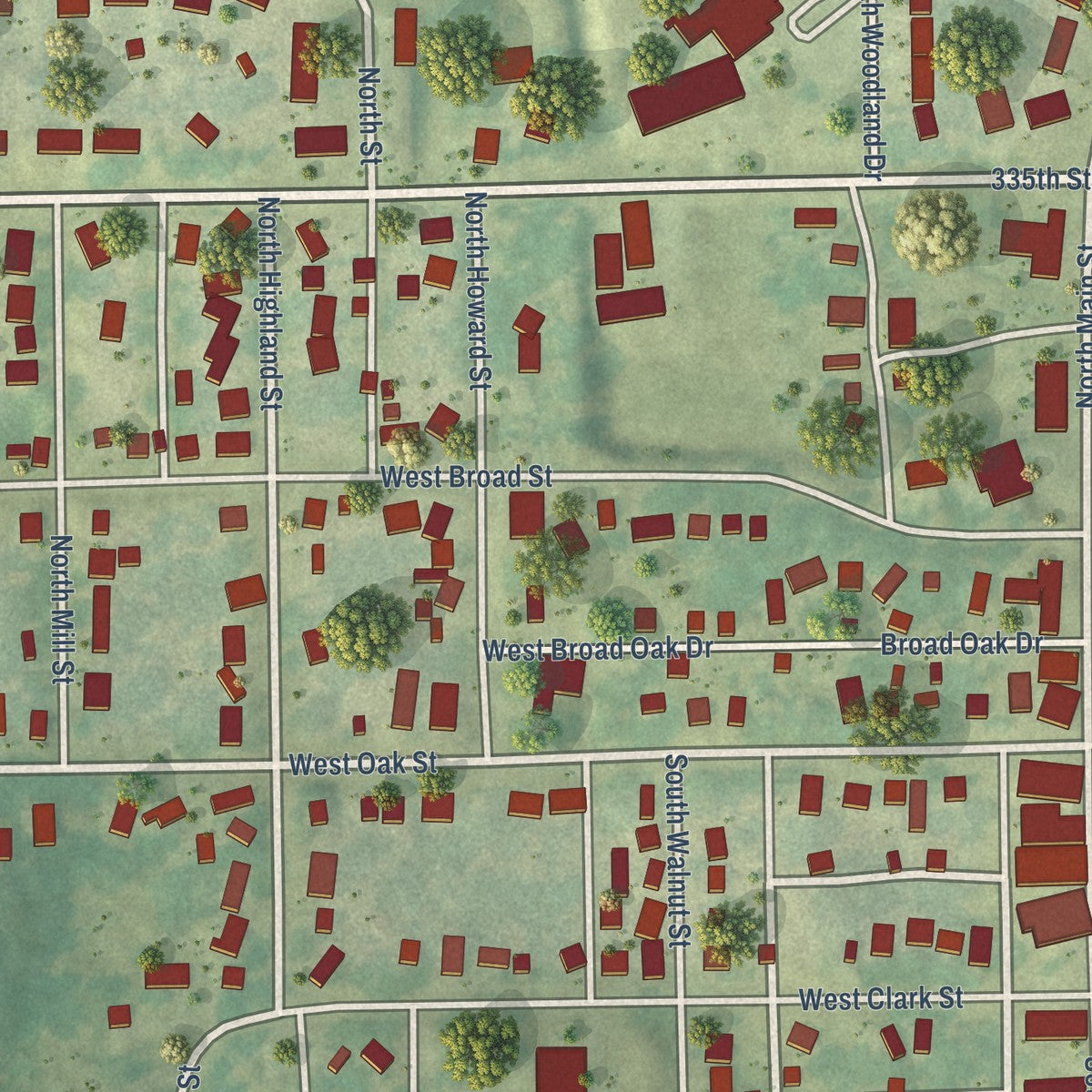 Close-up of the map of North English, Iowa print showing street and building detail