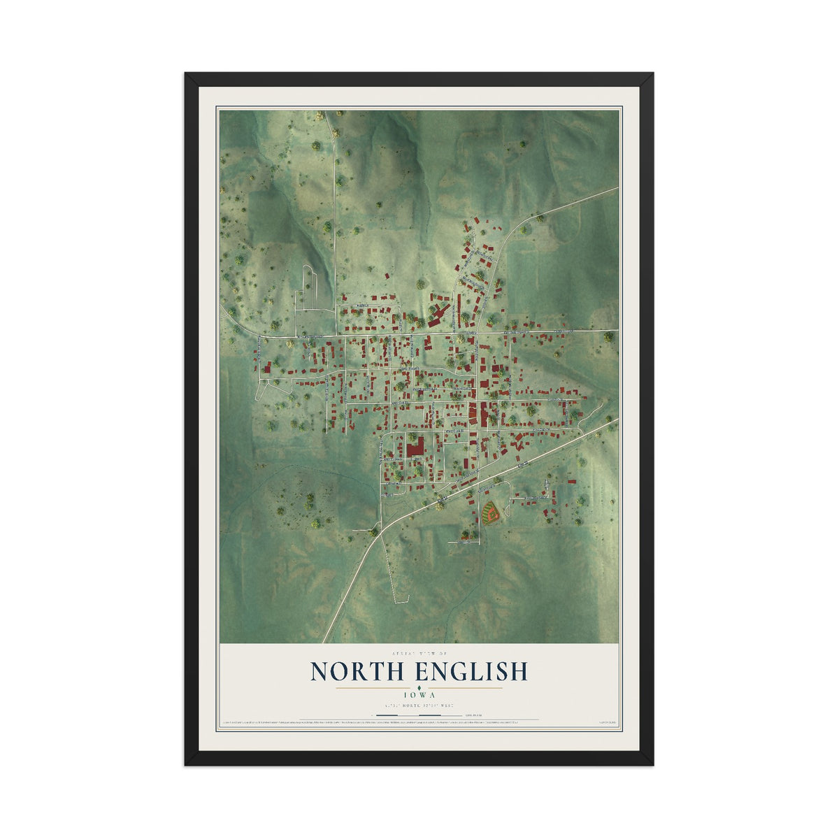 Map of North English, Iowa, 12 x 18 inch print in a black wood frame